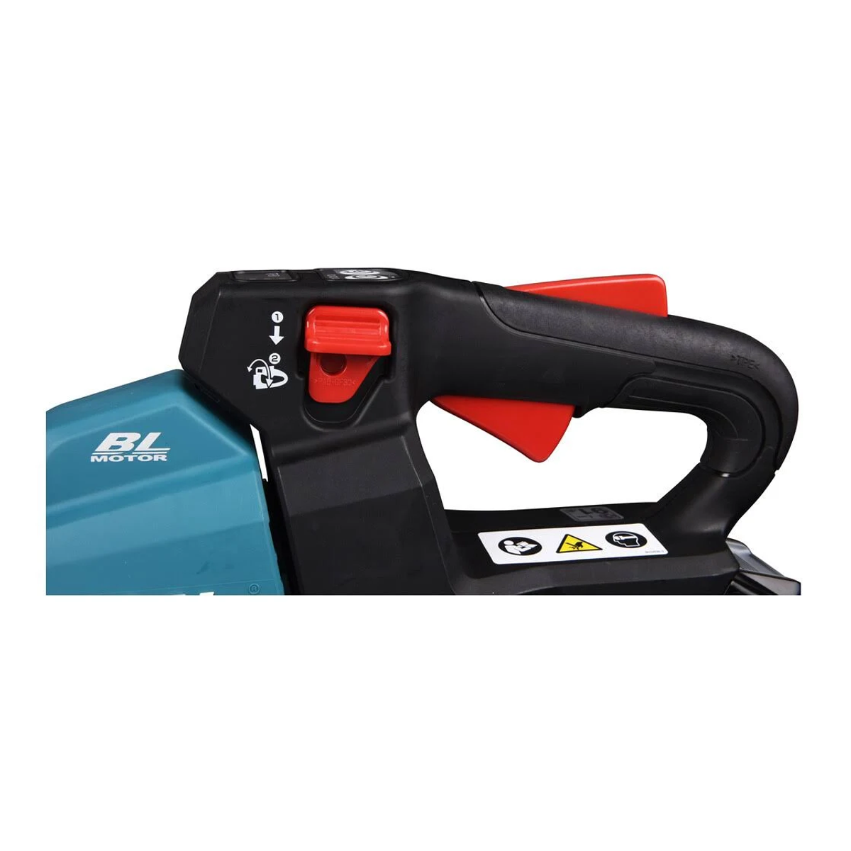 Primer plano de un mango de herramienta eléctrica negro y verde azulado con botones rojos y símbolos de seguridad.