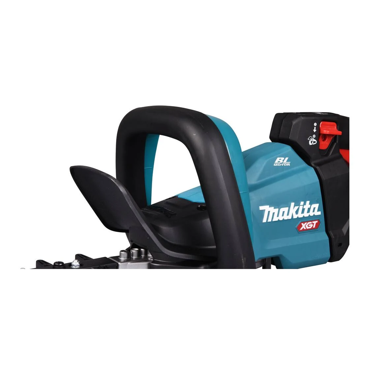Un cortasetos Makita negro y verde azulado. El mango y la cuchilla son visibles.