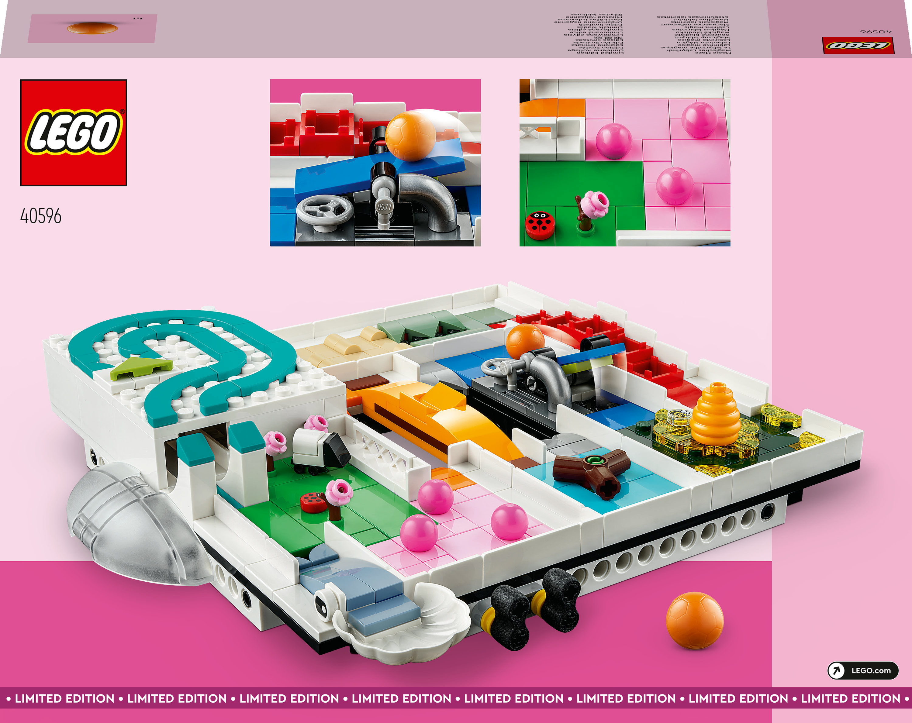 Zestaw Lego z różowymi kulami, żółtym samochodem i biało-niebieską konstrukcją. Zawiera mniejsze obrazy.