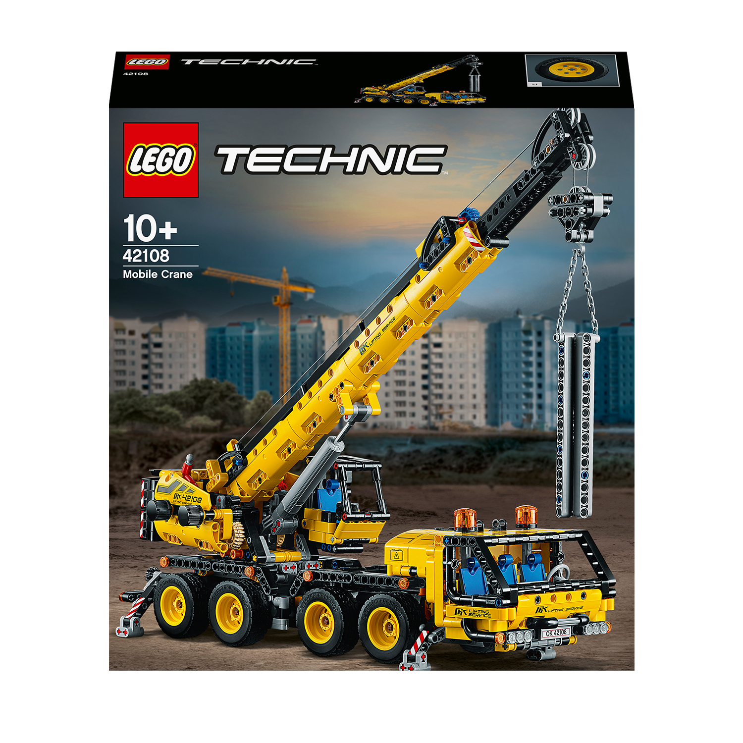 Lego Technic mobile crane toy, yellow and black, on a white background. A crane and a truck are present.