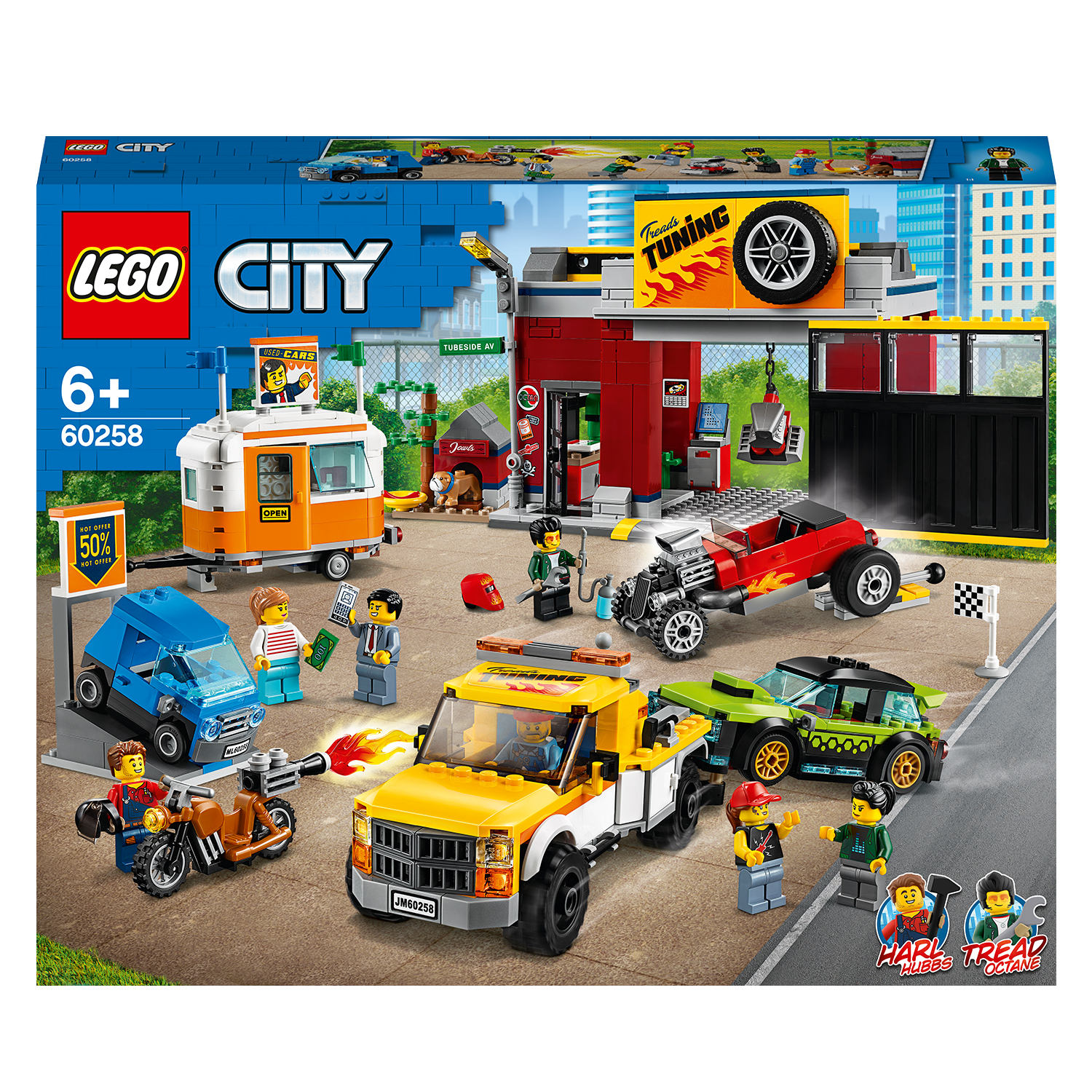 Zestaw Lego City z garażem, pojazdami, narzędziami, minifigurkami i holownikiem.