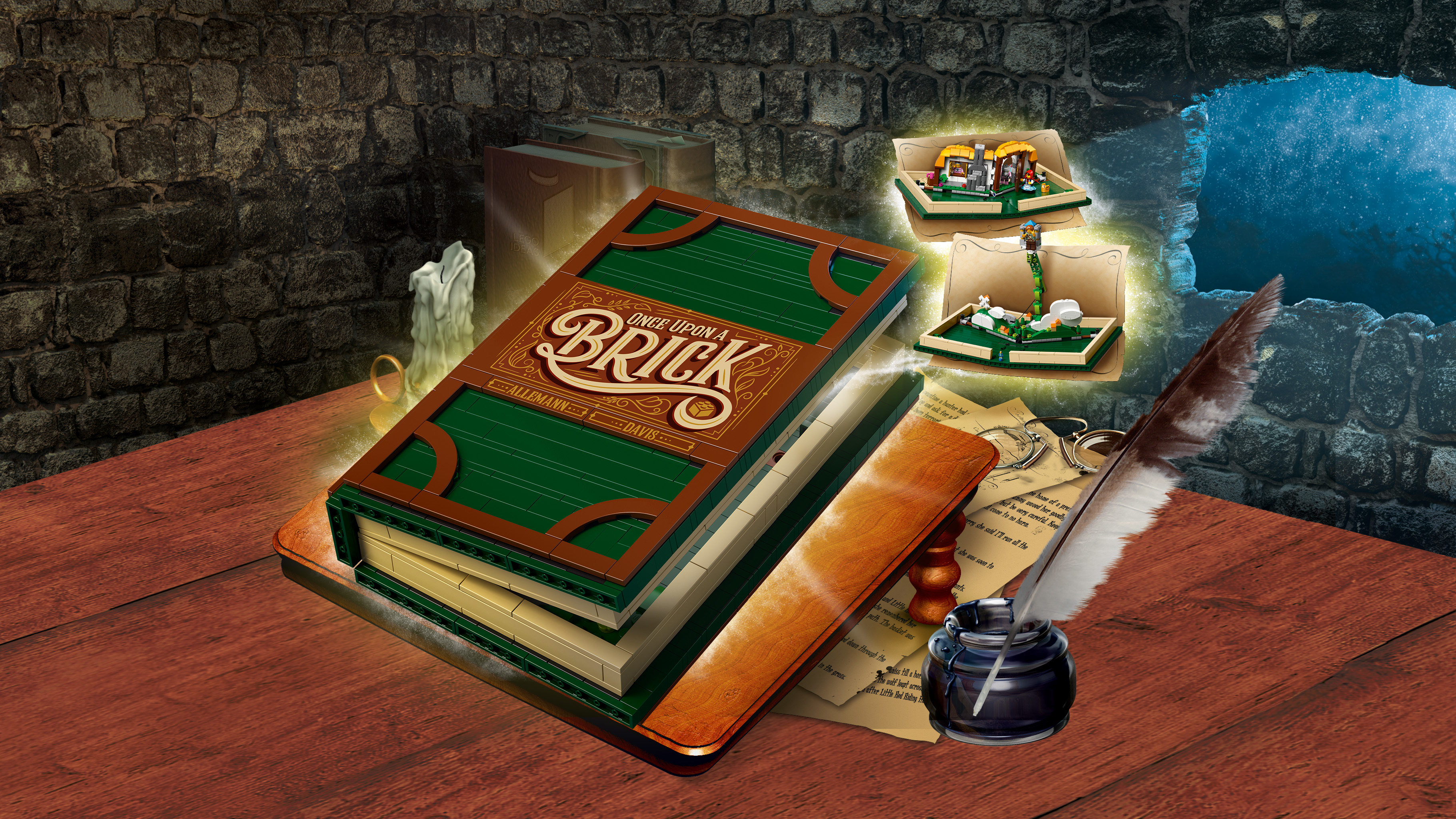 Otwarta książka na drewnianym stole z innymi przedmiotami o tematyce Lego, w jaskini.