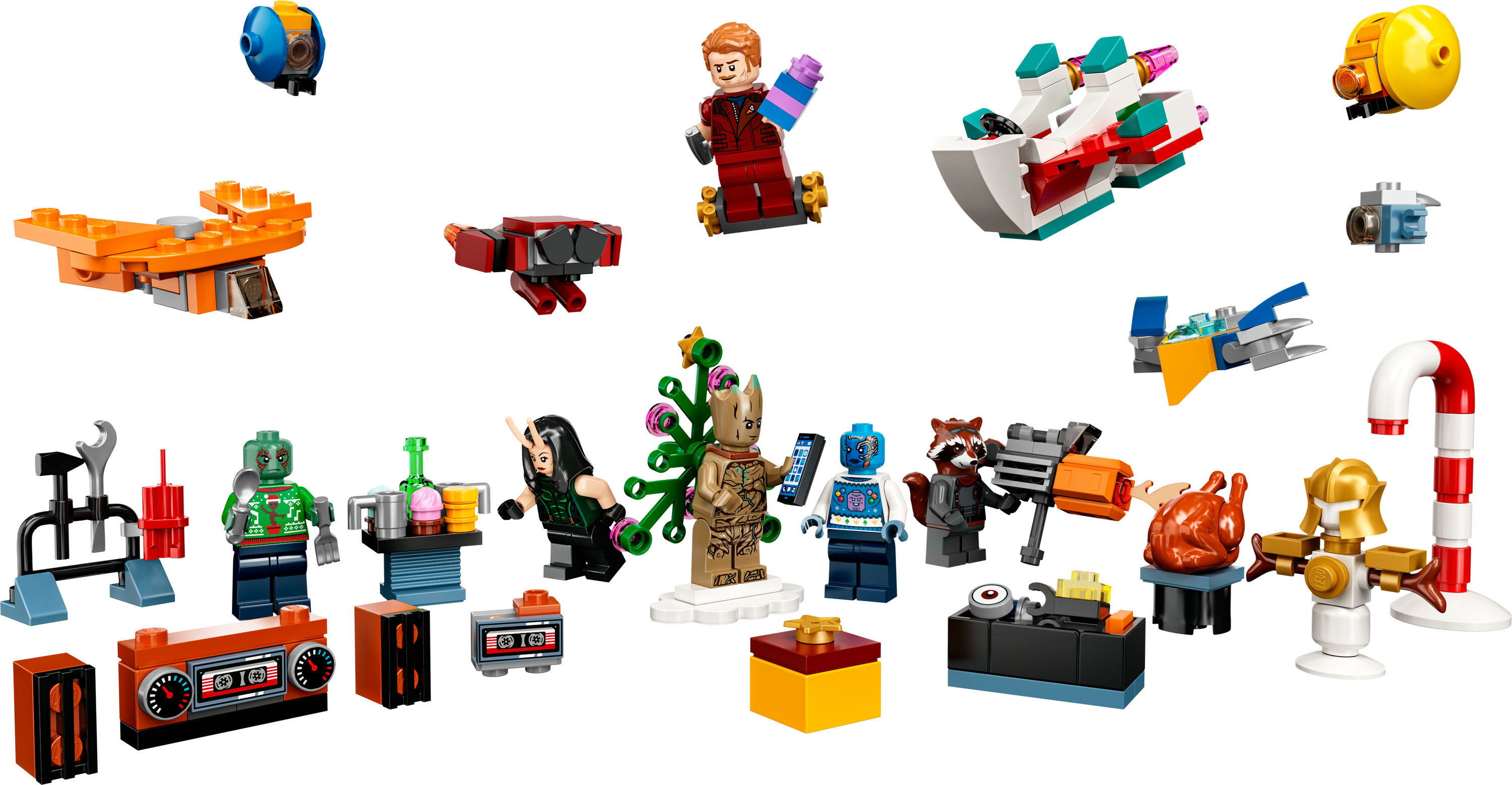 Eine Sammlung von Lego Marvel Figuren und Bauten. Enthält verschiedene Charaktere und Strukturen.