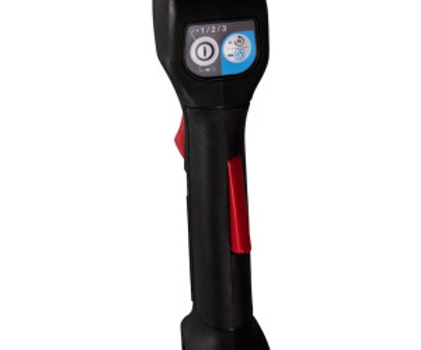La parte superior de una herramienta eléctrica negra con un interruptor rojo y botones de control.