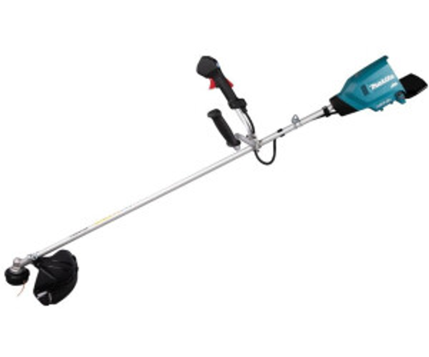 Un recortador de hilo Makita con cabezal negro y motor y mango de color turquesa.