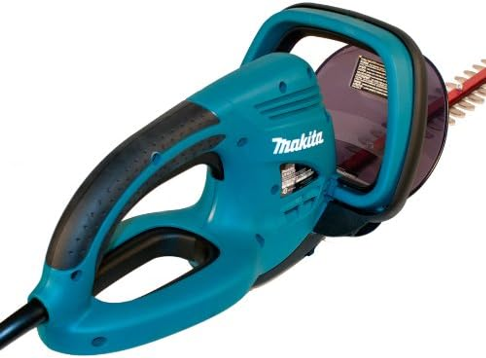 Turkusowe i czarne nożyce do żywopłotu Makita na białym tle.