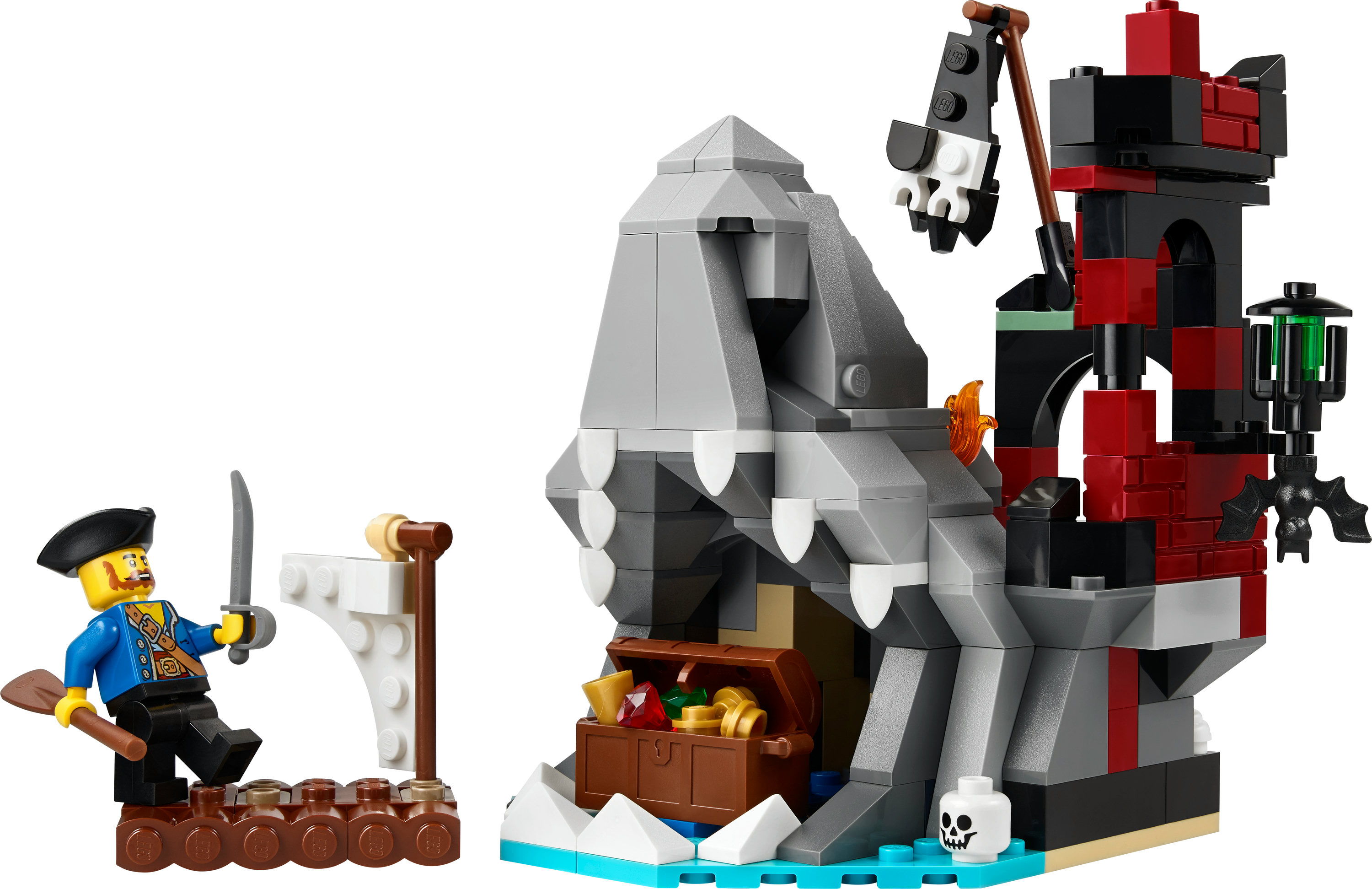 Un set LEGO pirata con una roccia a forma di teschio, tesoro e una figura di pirata.