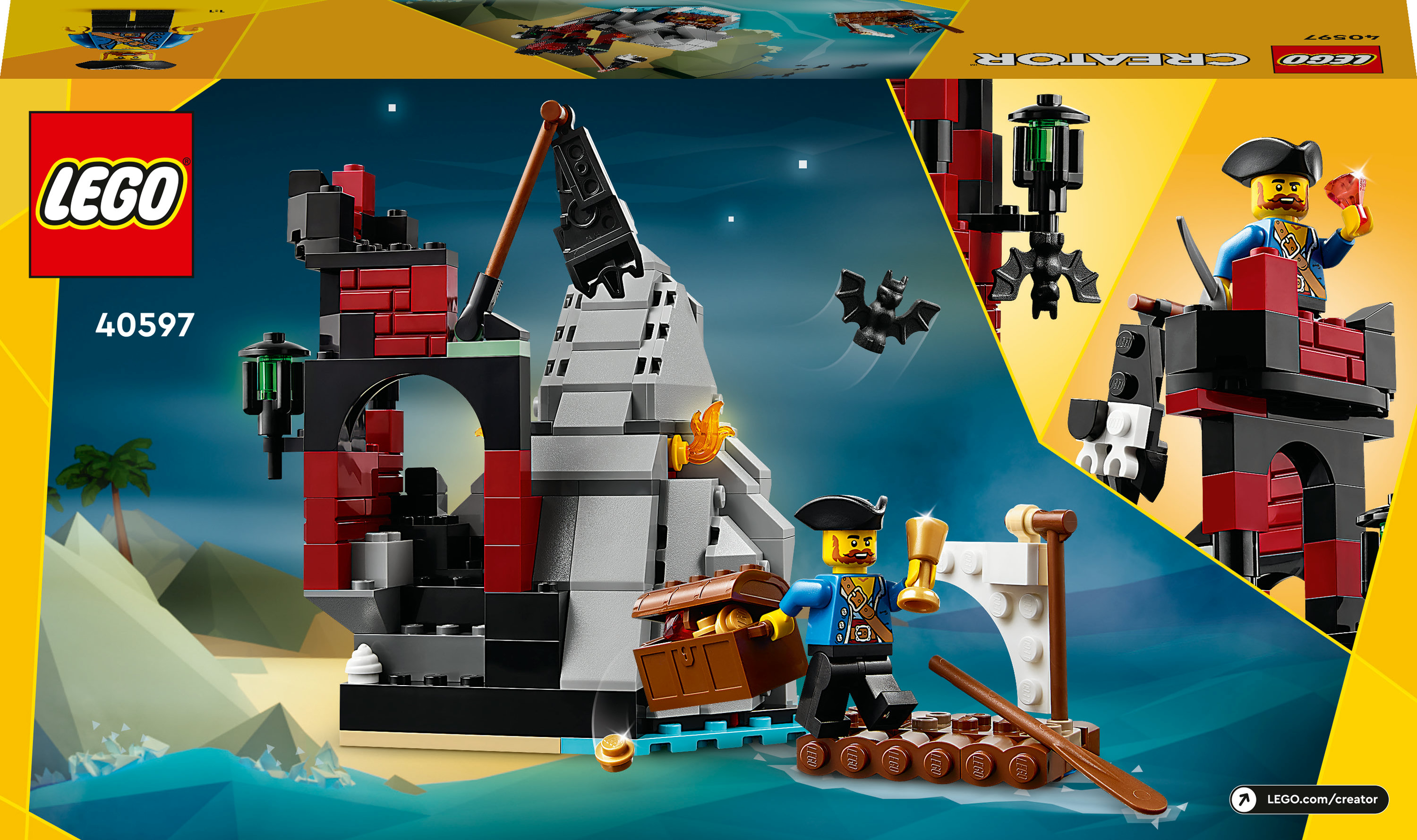 È mostrato un modello di nave pirata LEGO Creator, con una scena di pirati dettagliata ed elementi.