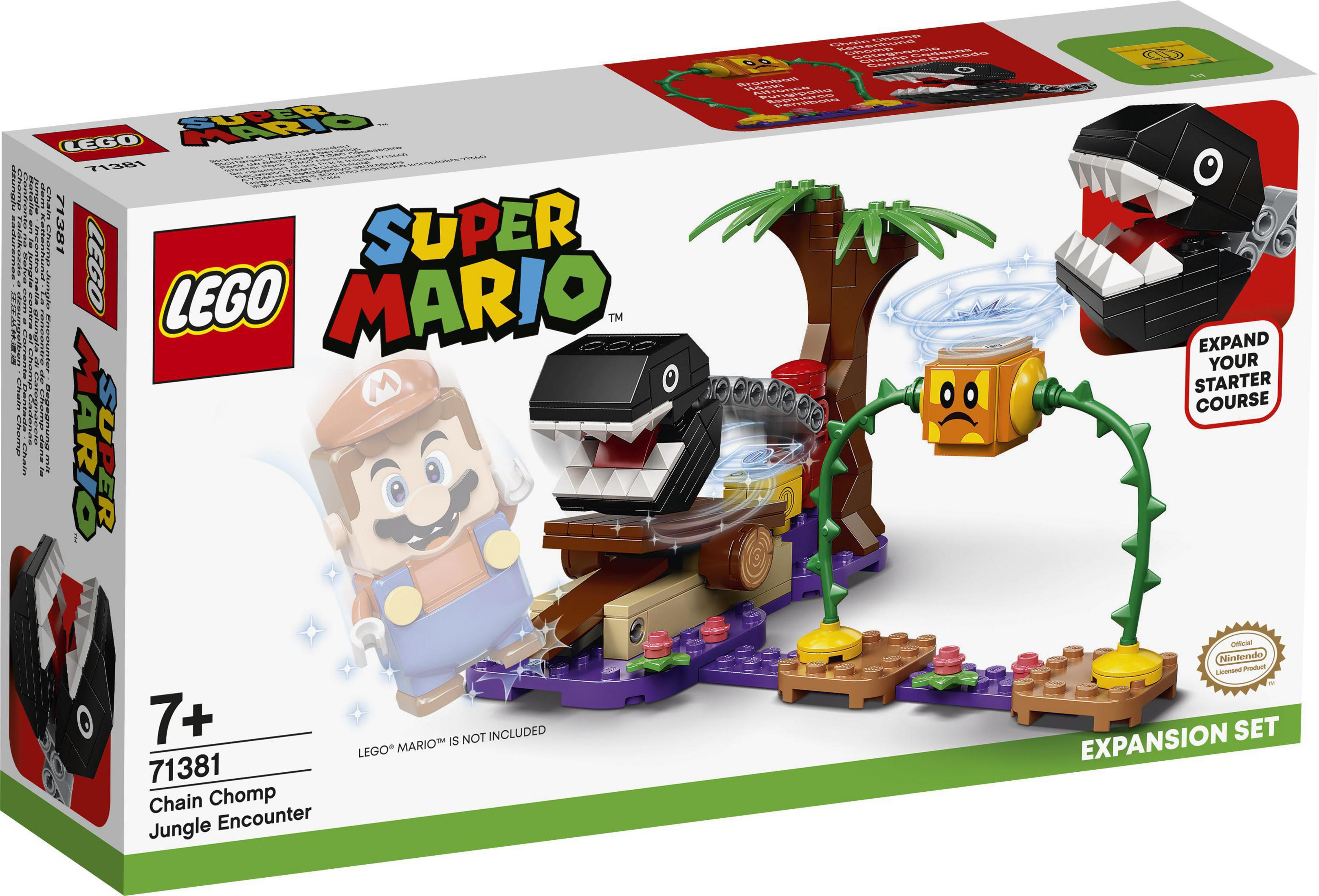 Set Lego Super Mario con Chain Chomp, personaggio di Mario ed elementi della giungla, su scatola bianca.