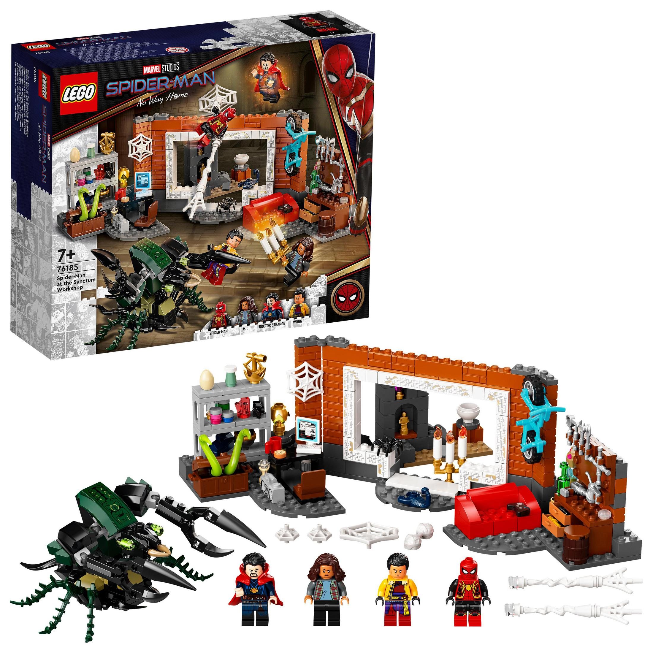 Zestaw Lego Spider-Man. Zawiera Spider-Mana, Doctora Strange'a i inne figurki, z budowaną z klocków sceną.