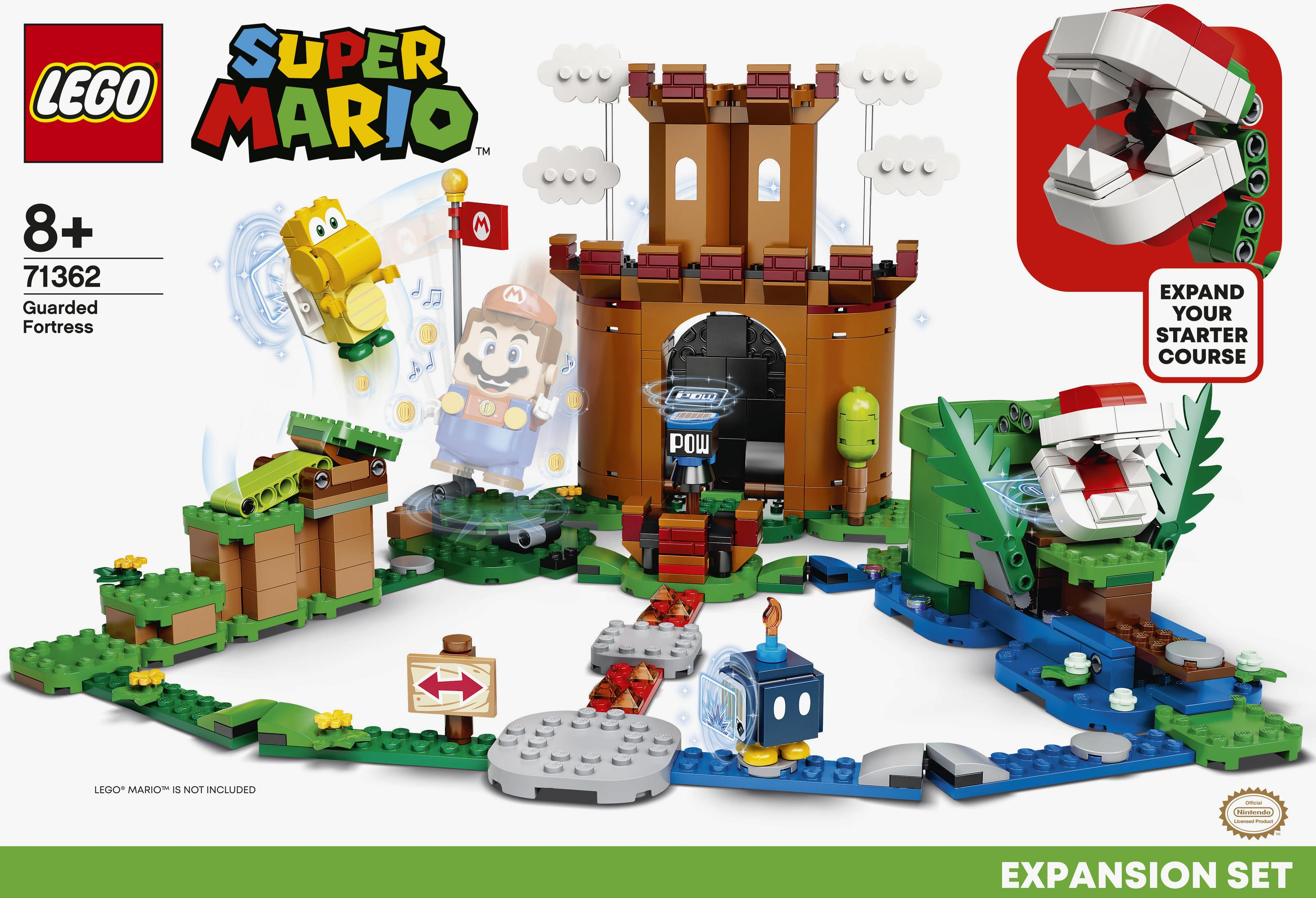 Lego Super Mario Set mit einer Festung und einem Pfad. Mario und ein gelber Charakter sind auf dem Pfad.