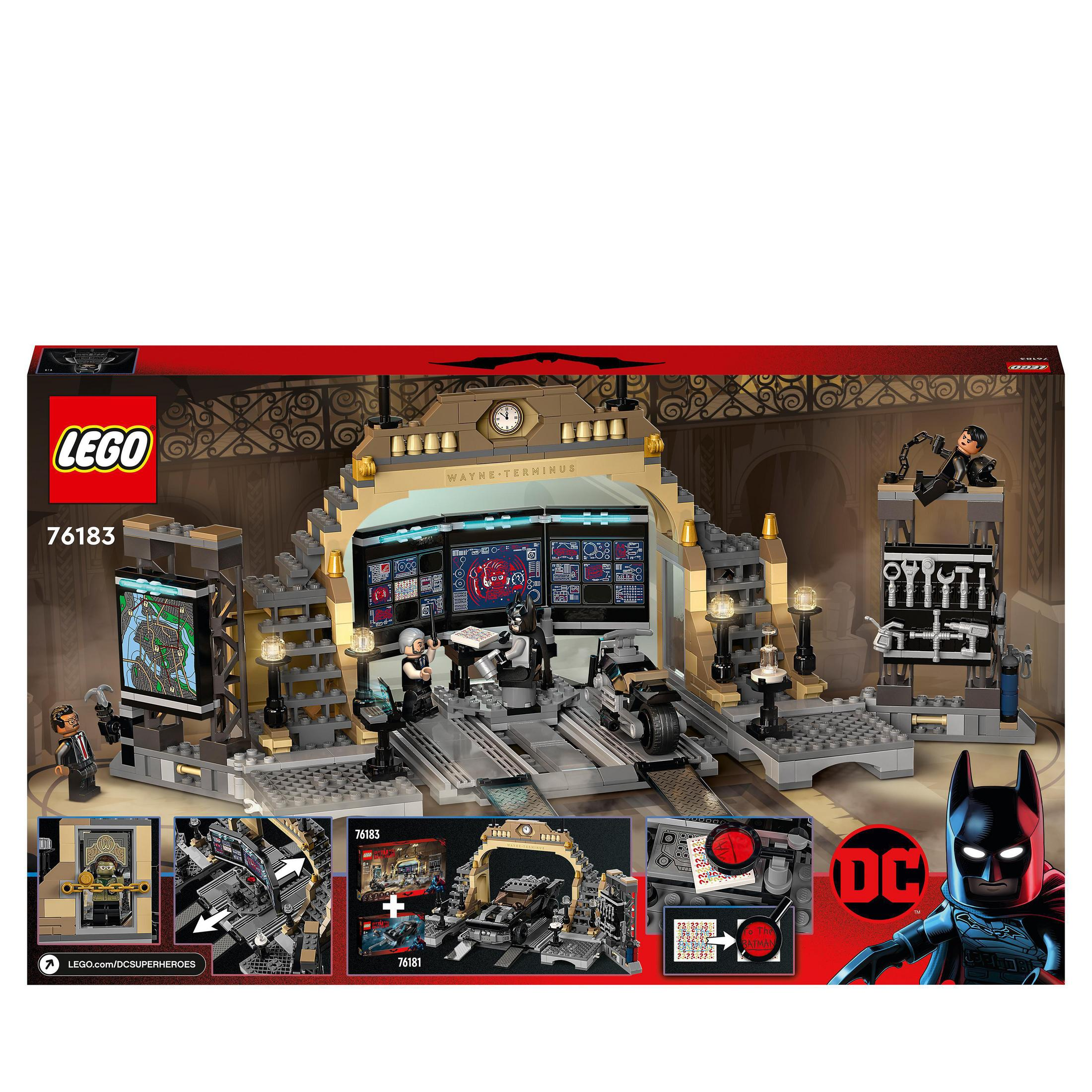 Un set LEGO di Batman raffigura la Batcaverna, con personaggi, veicoli e vari elementi dettagliati.