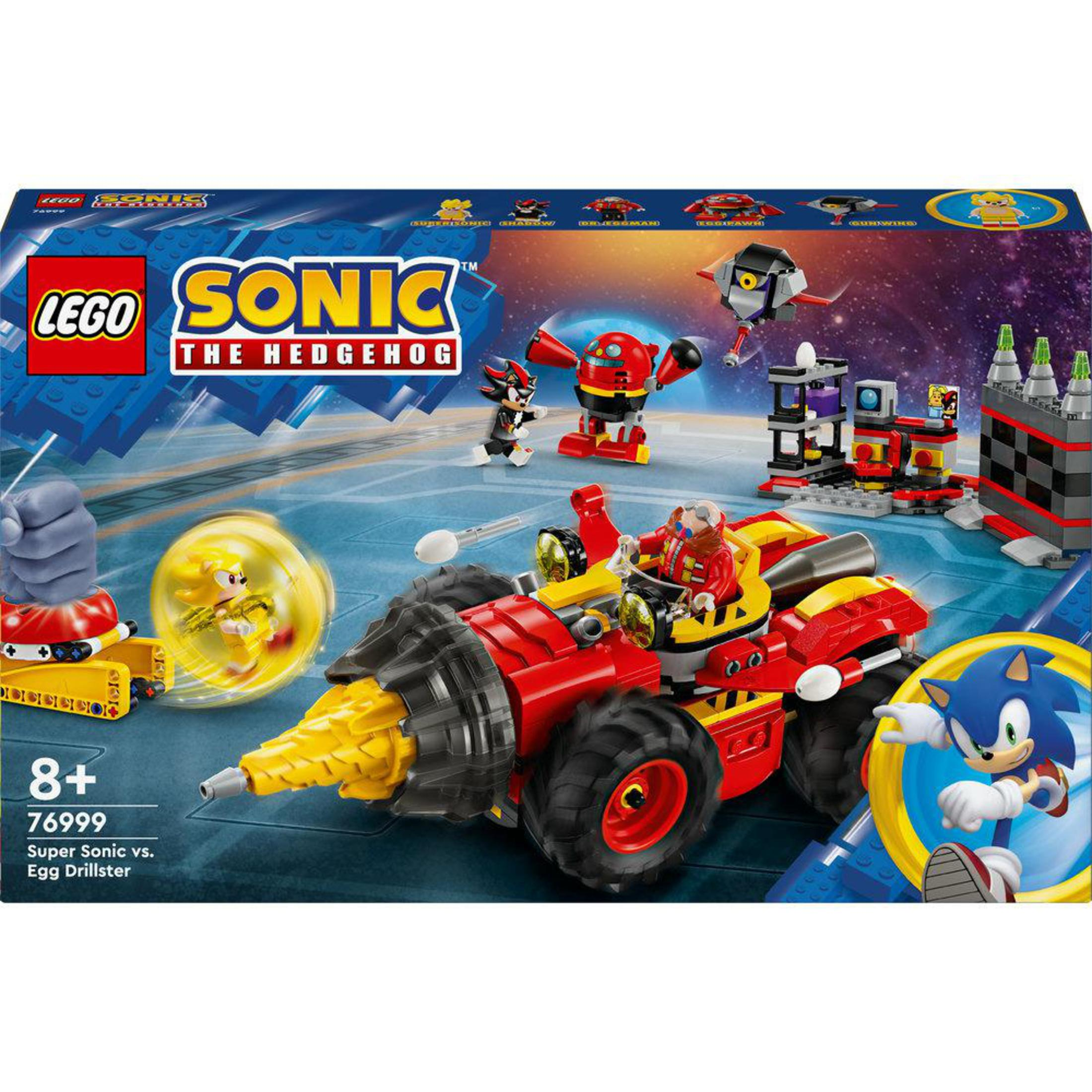 Lego Sonic-Set. Super Sonic in einer Kugel, Eggman in einem roten Bohr-Fahrzeug, Charaktere im Hintergrund.