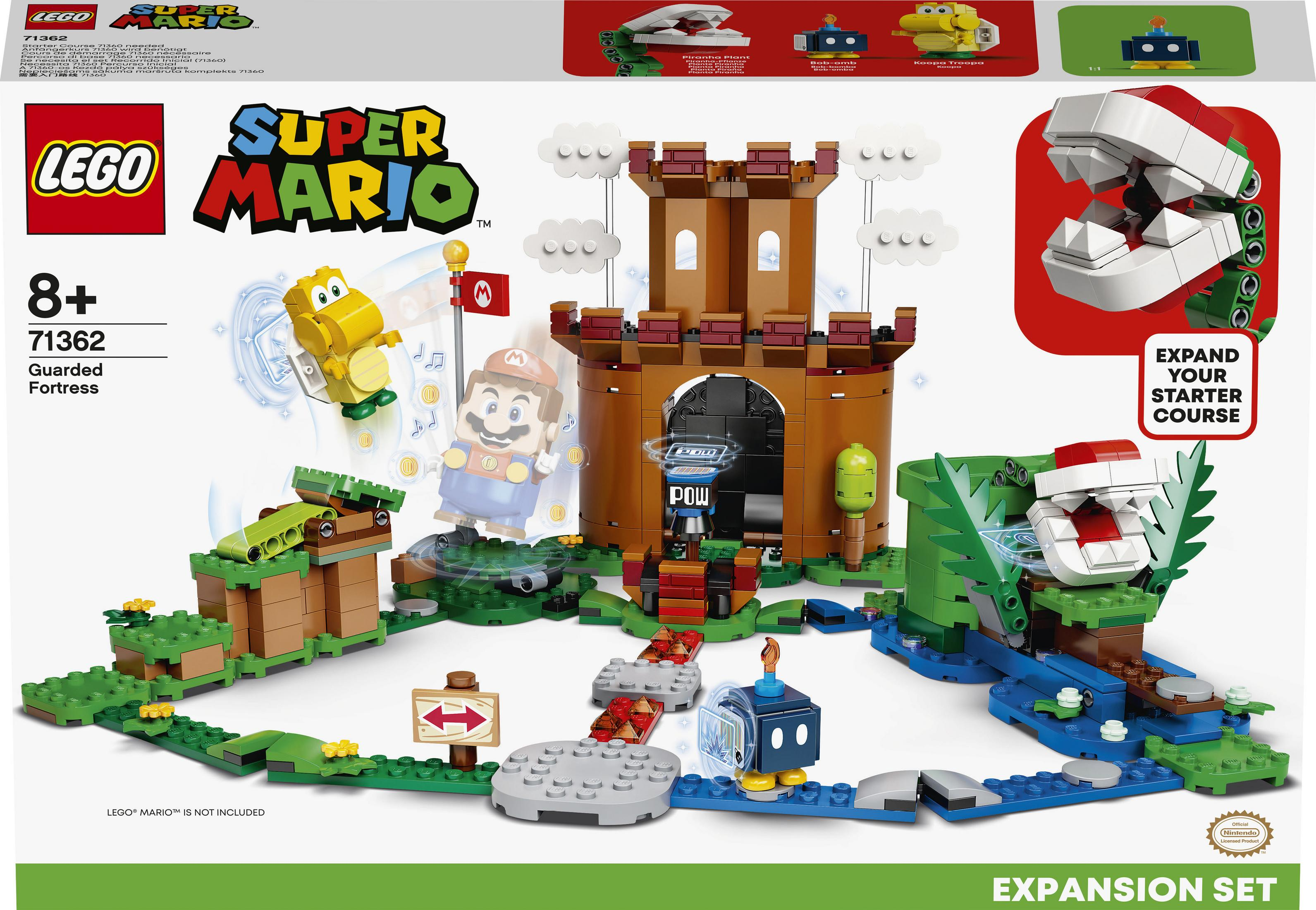 Lego Super Mario Set mit Festung, Feinden und Kurselementen.