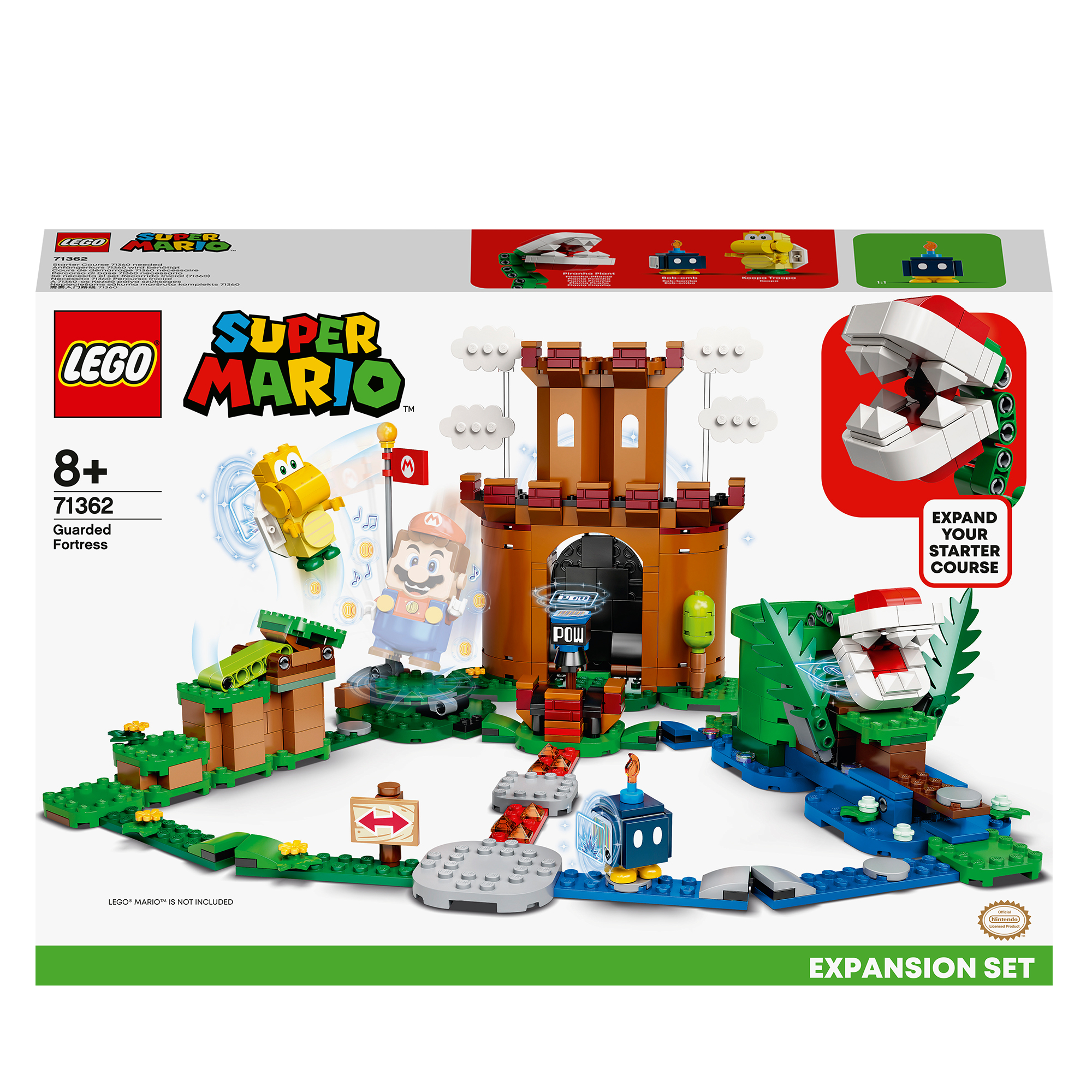 Lego Super Mario bewachtes Festung Erweiterungsset mit Mario, Bowser Jr. und Hindernissen.