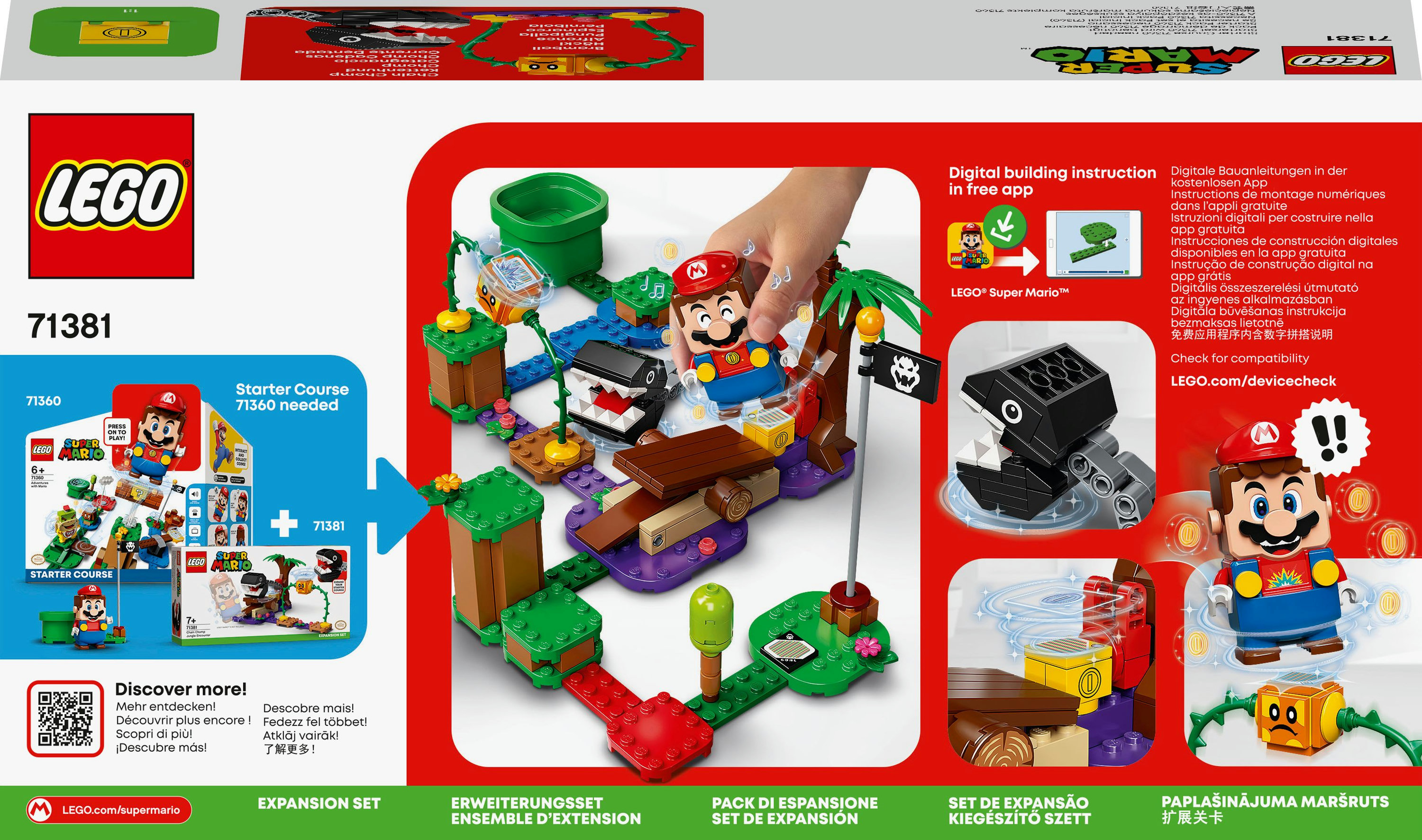 Set scatola Lego Super Mario: personaggio di Mario, elementi del percorso e istruzioni visibili.