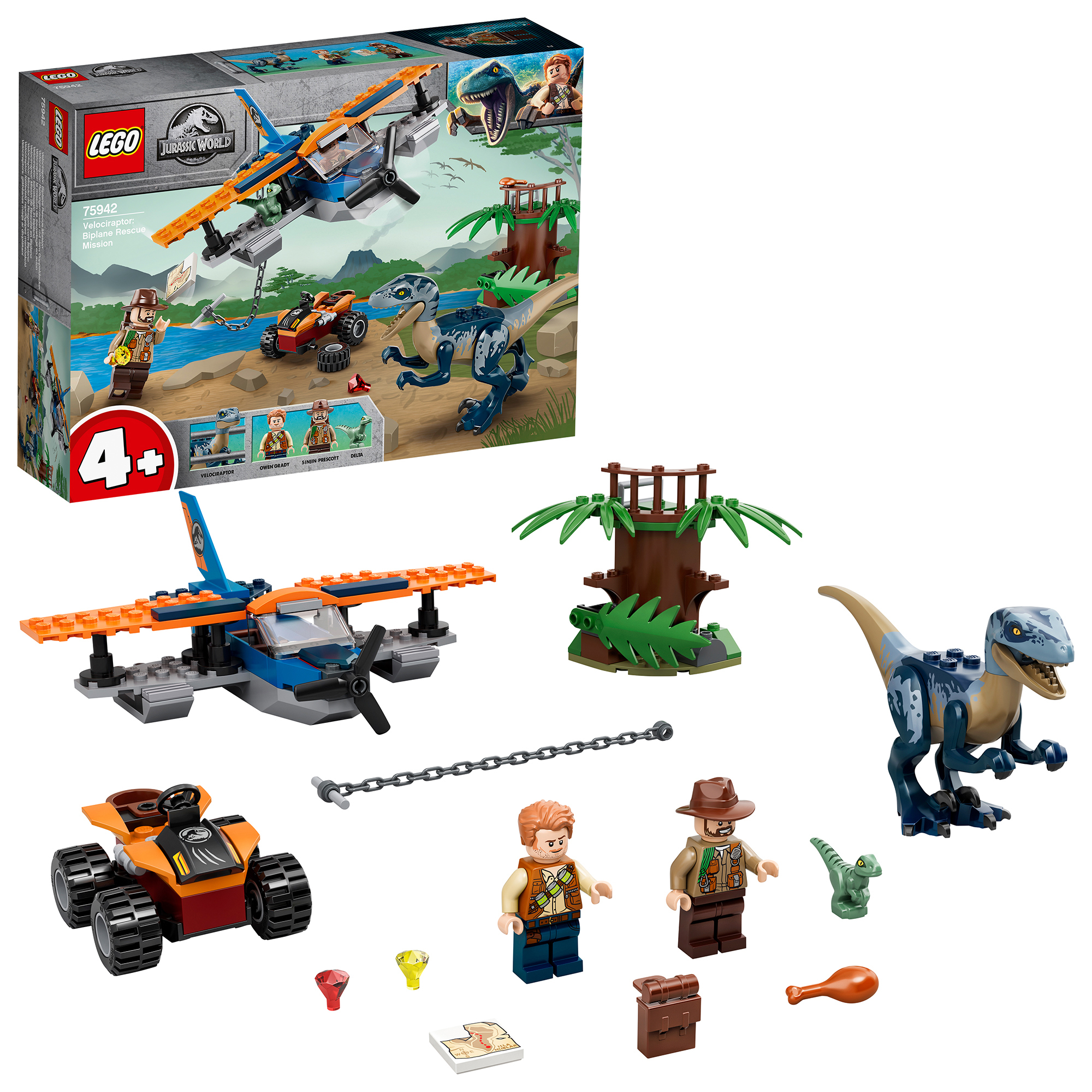 Set Lego: aereo, dinosauro, personaggi e accessori. Scatola sullo sfondo. Sfondo bianco.
