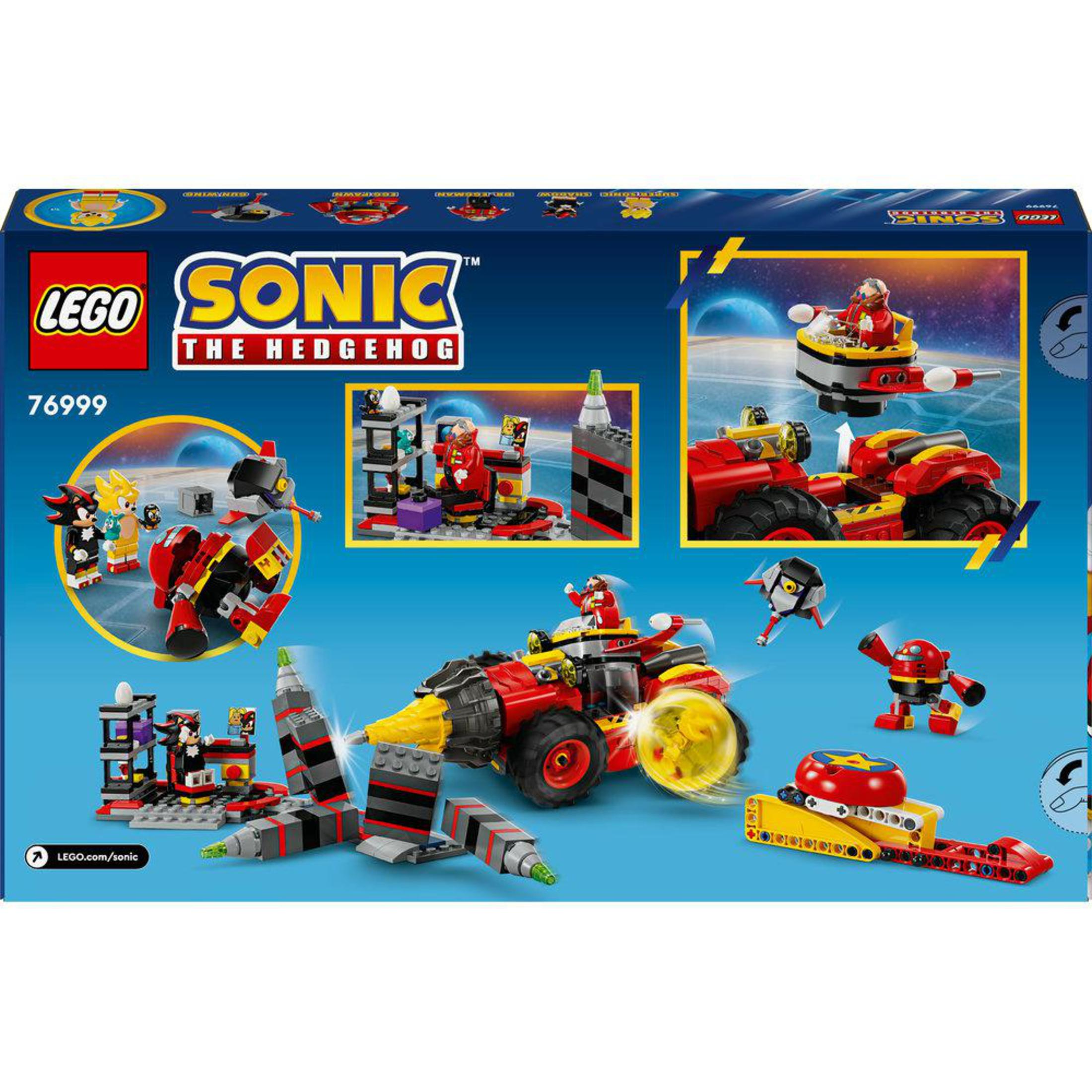 Lego Sonic the Hedgehog Set-Box, die verschiedene Bauszenen und Figuren zeigt.