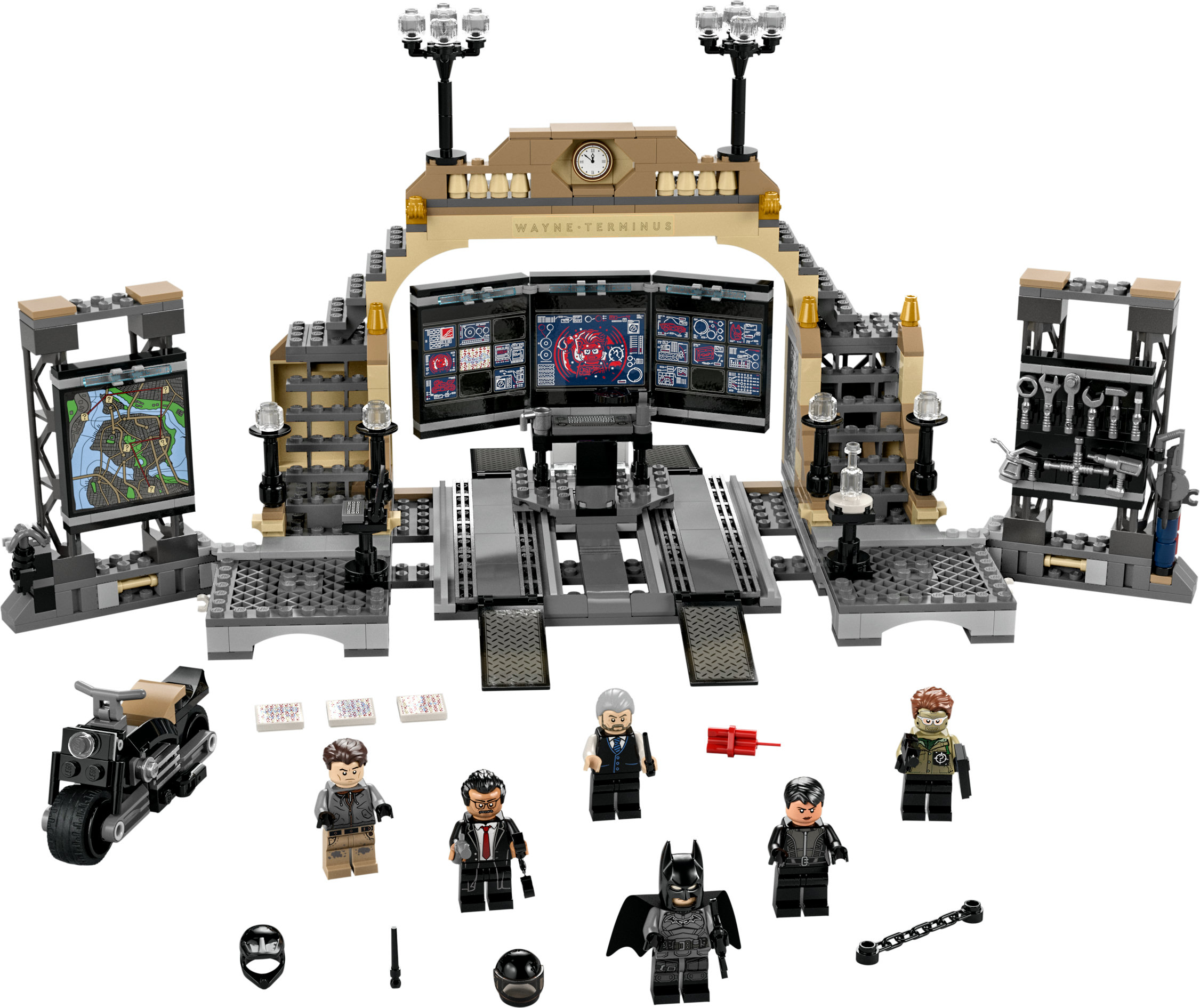 Set Lego di Batman. Include Bat-moto, personaggi di Batman, Alfred e altri personaggi. Sfondo Wayne-Terminus.