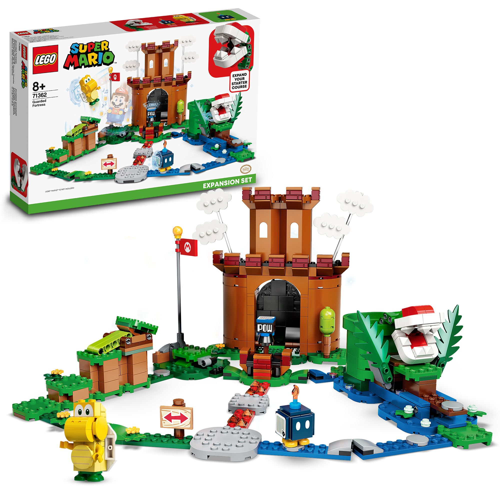 Lego Super Mario Erweiterungsset-Box mit Burg, Figuren und Streckenelementen.