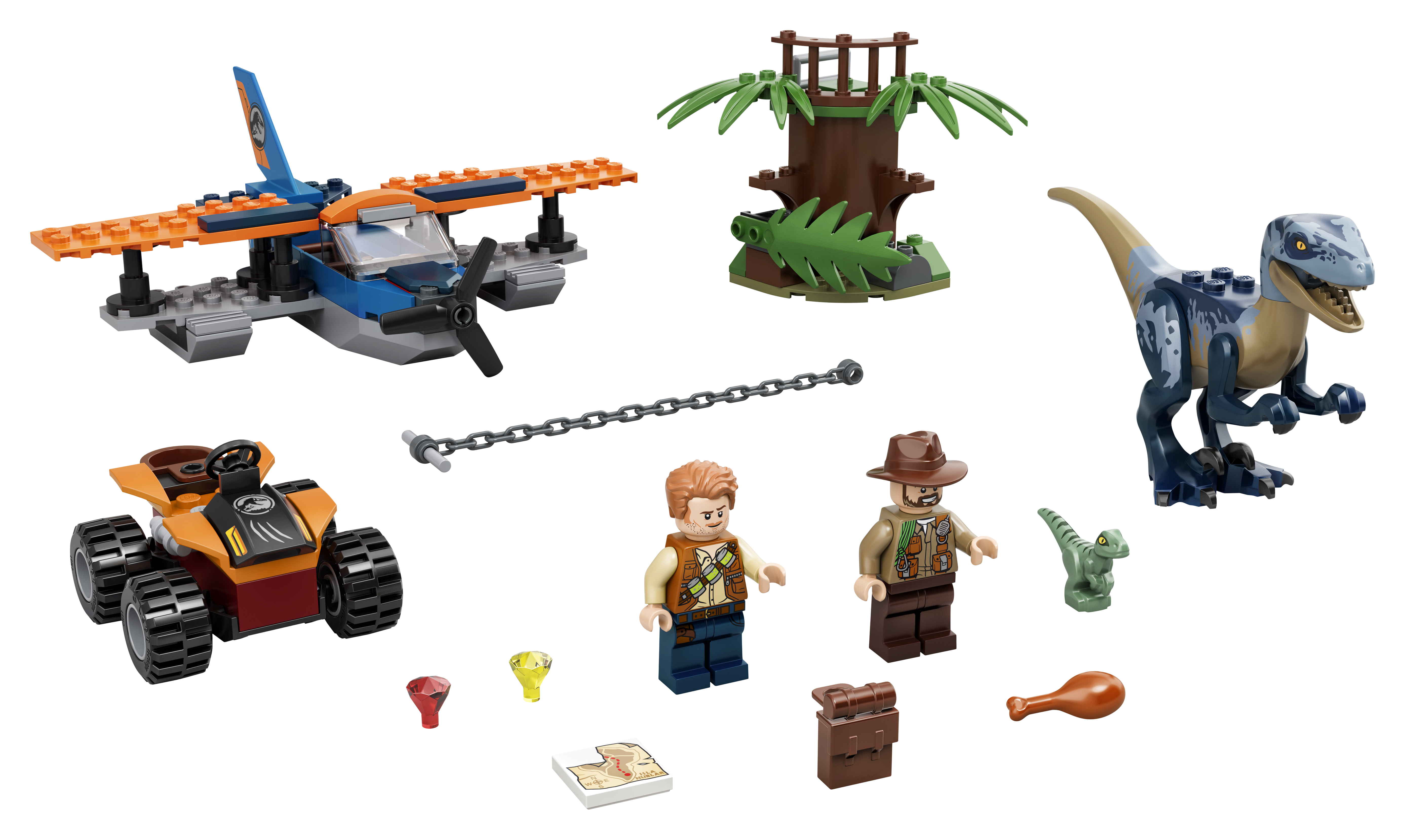 Set Lego con aereo, auto, dinosauri e personaggi. Varietà di colori, disposti su superficie bianca.