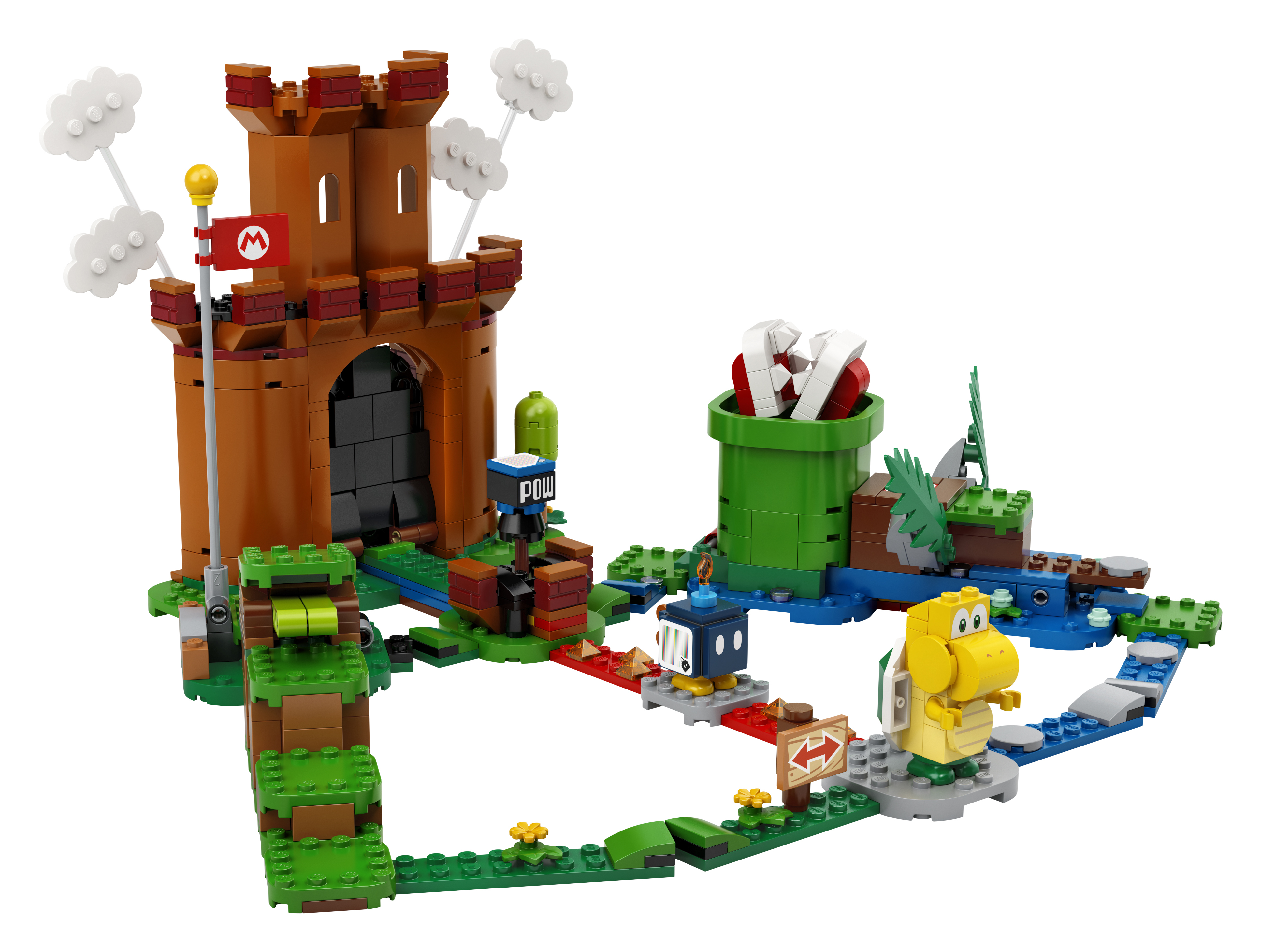 Ein Lego Super Mario Set zeigt ein Schloss, eine Koopa Troopa, eine Piranha-Pflanze und eine Mario-Figur.
