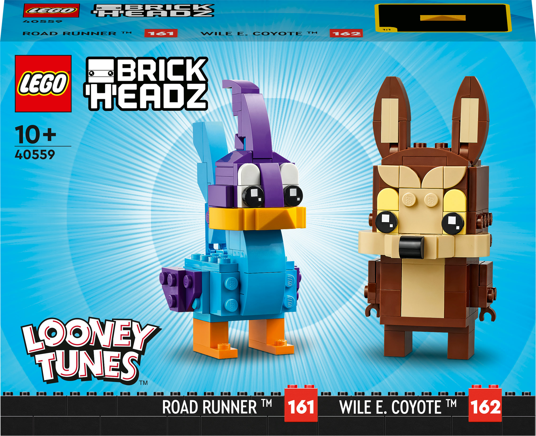 Lego BrickHeadz Looney Tunes seti. Road Runner ve Wile E. Coyote figürleri. Beyaz bir arka plan üzerinde.
