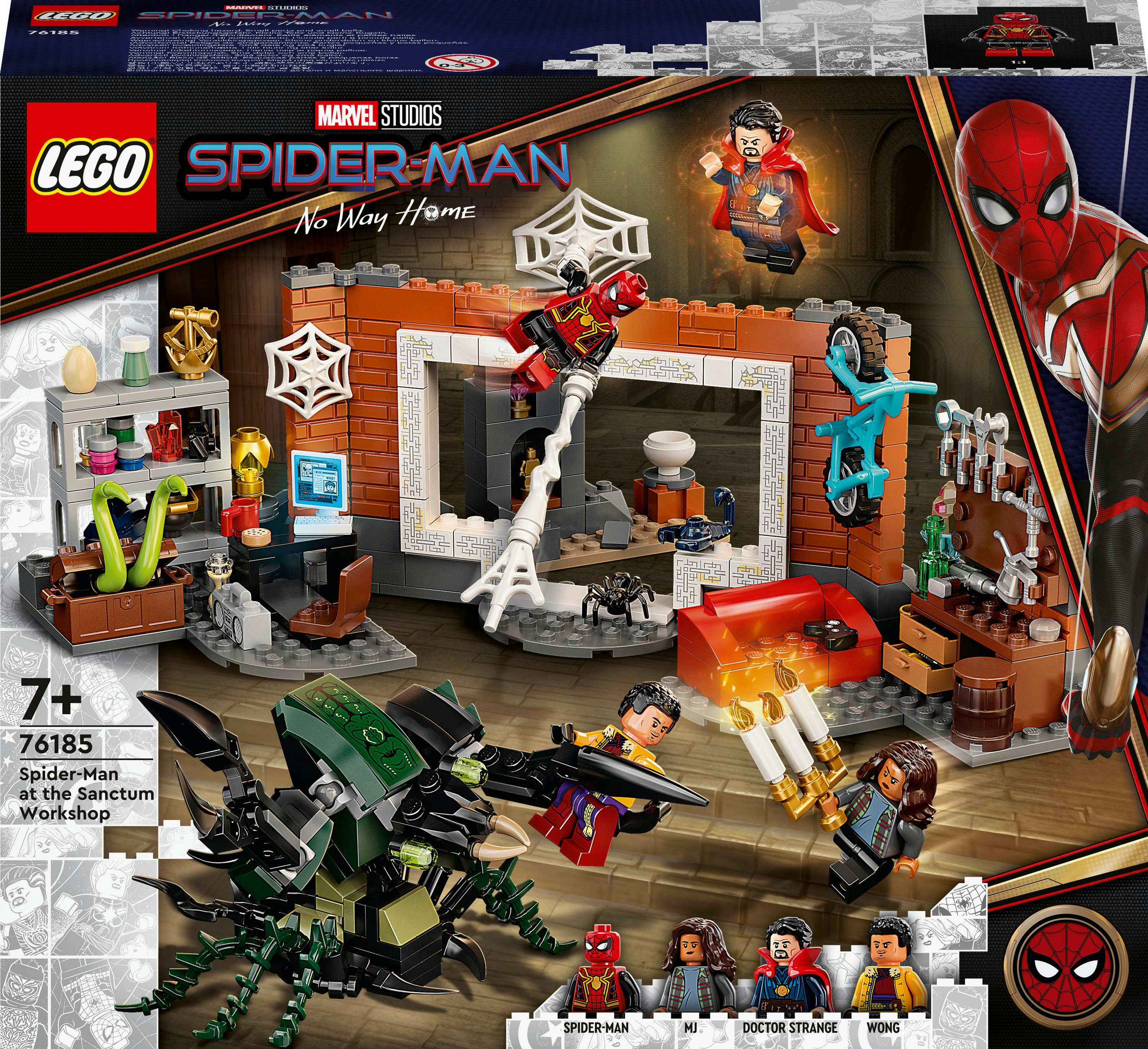 Zestaw Lego Spider-Man przedstawia Spider-Mana walczącego ze złoczyńcami w Sanctum Workshop.