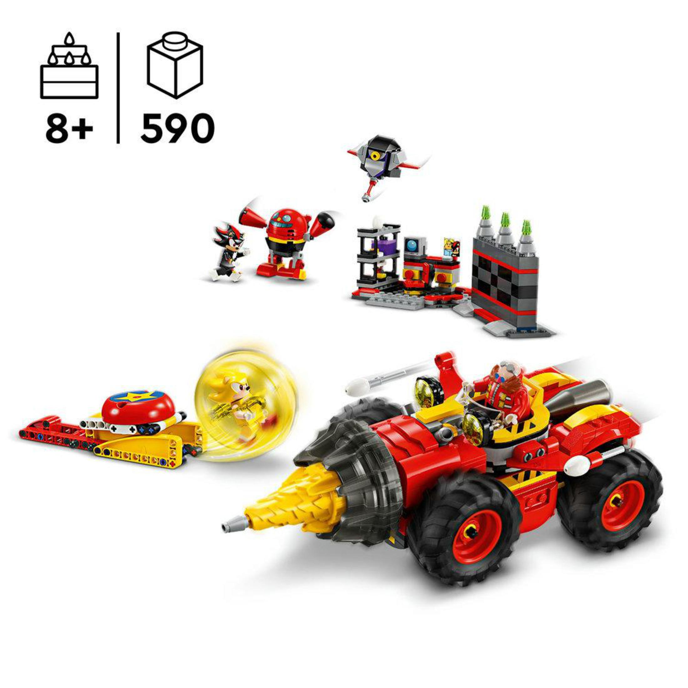 Lego-Set mit Sonic, Shadow und Fahrzeugen. Enthält ein rotes Bohr-Auto und ein gelbes Auto mit einer Schleife.