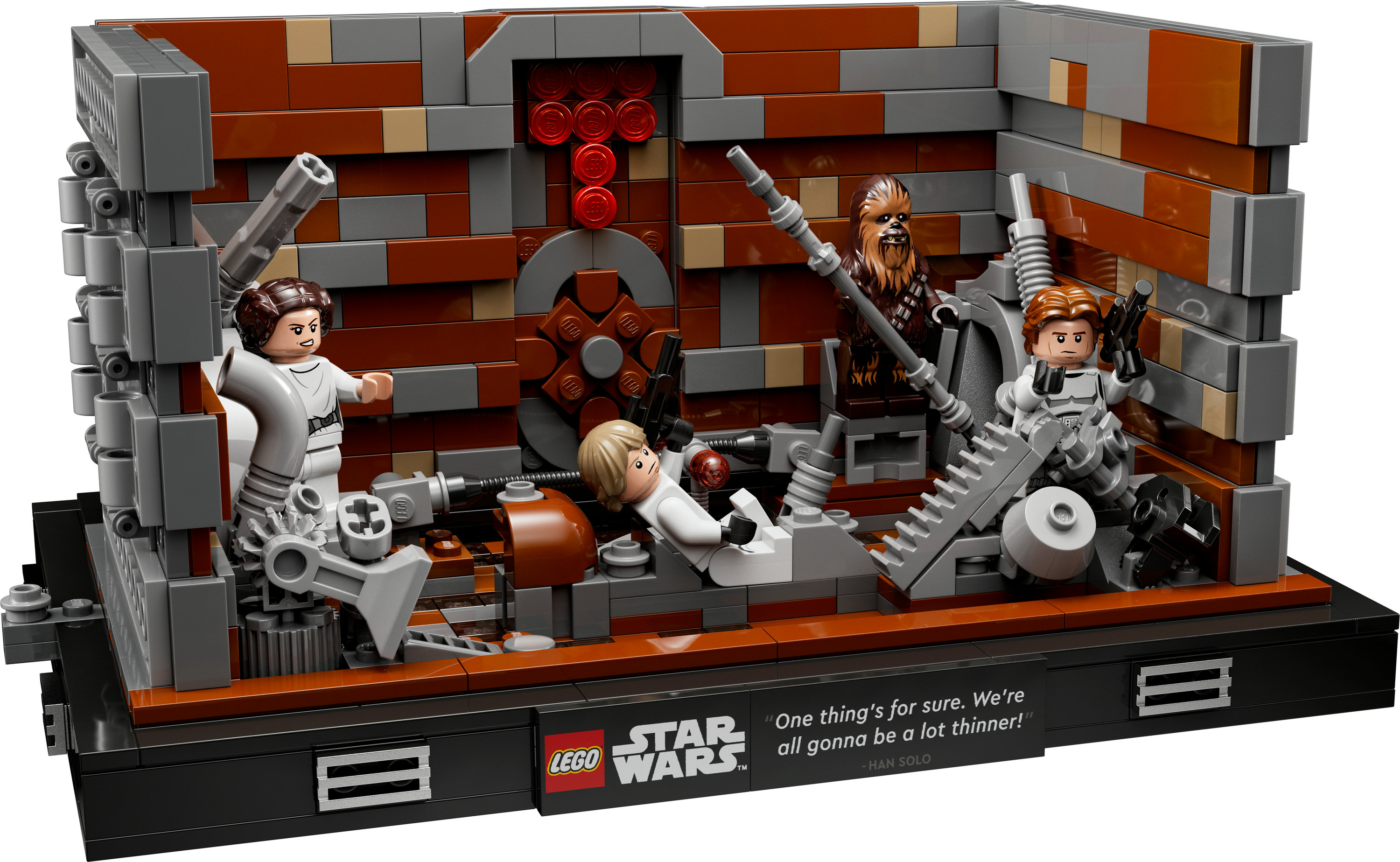 Diorama LEGO Star Wars: Scena z figurkami Lei, Luke'a, Chewbaccy i Hana Solo w pokoju.