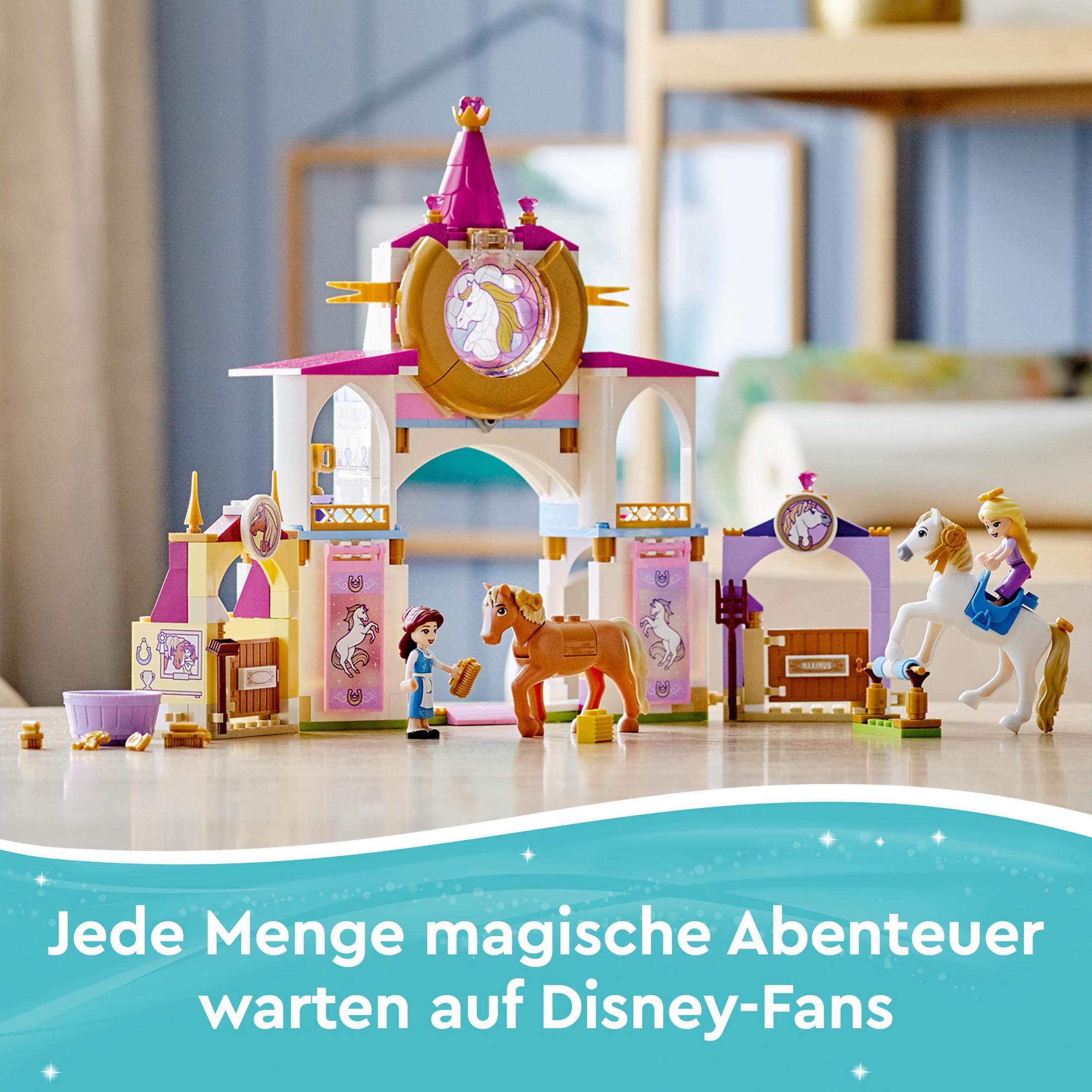 Set Lego Disney: un castello con cavalli e personaggi. Il testo in tedesco dice: “Molte avventure magiche ti aspettano”.