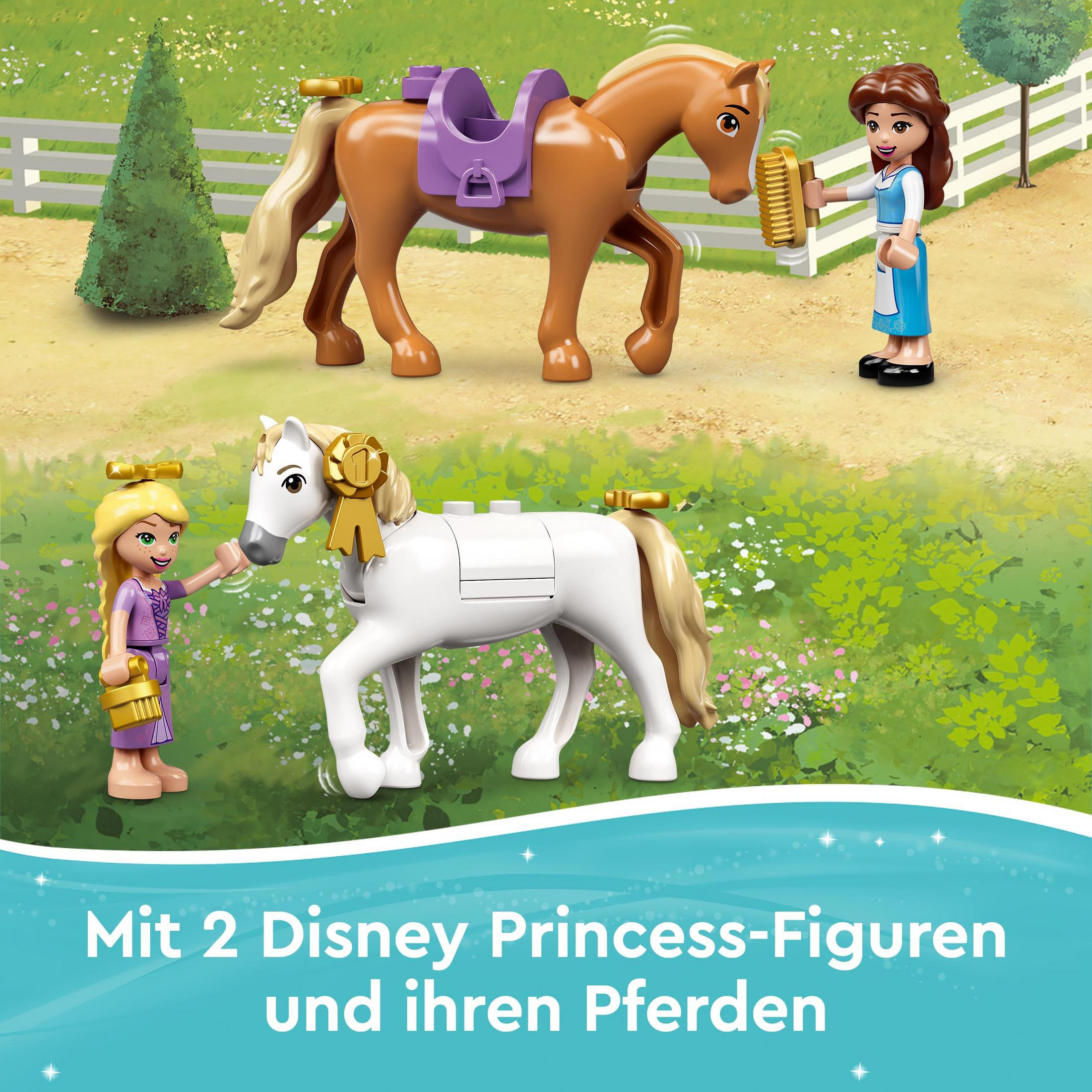 Due cavalli Lego con cavalieri. Un cavallo marrone con Belle e un cavallo bianco con Rapunzel. Sfondo è una fattoria.