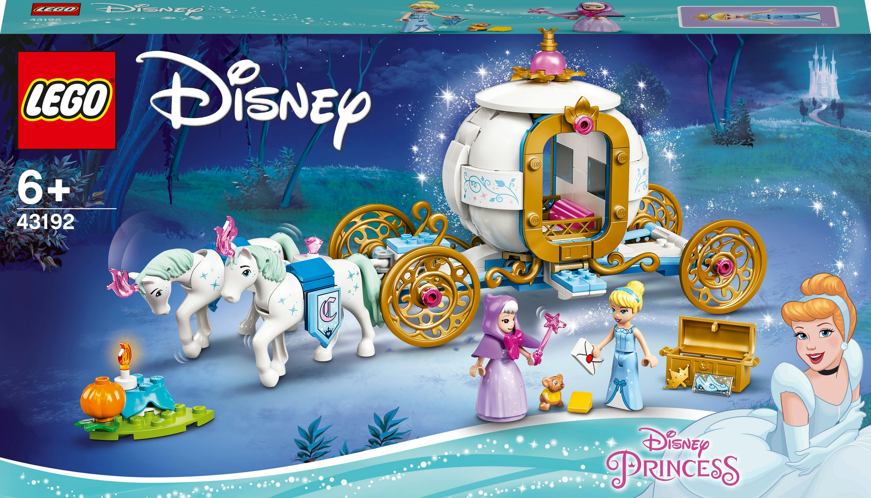 Bir LEGO Disney Sindirella arabası seti. Set, arabayı, atları ve figürleri içerir.
