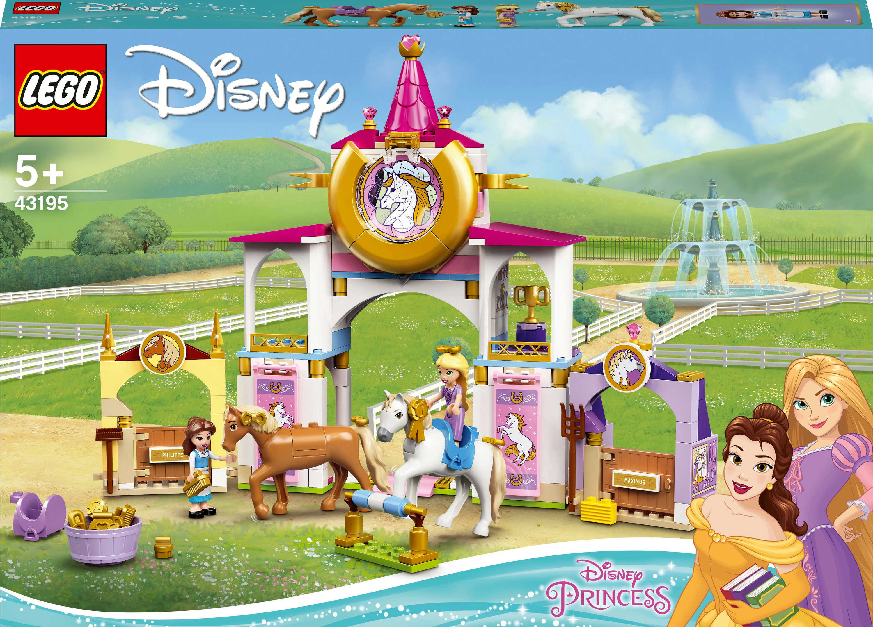 Set LEGO Disney Princess con un castello, cavalli e diversi personaggi.