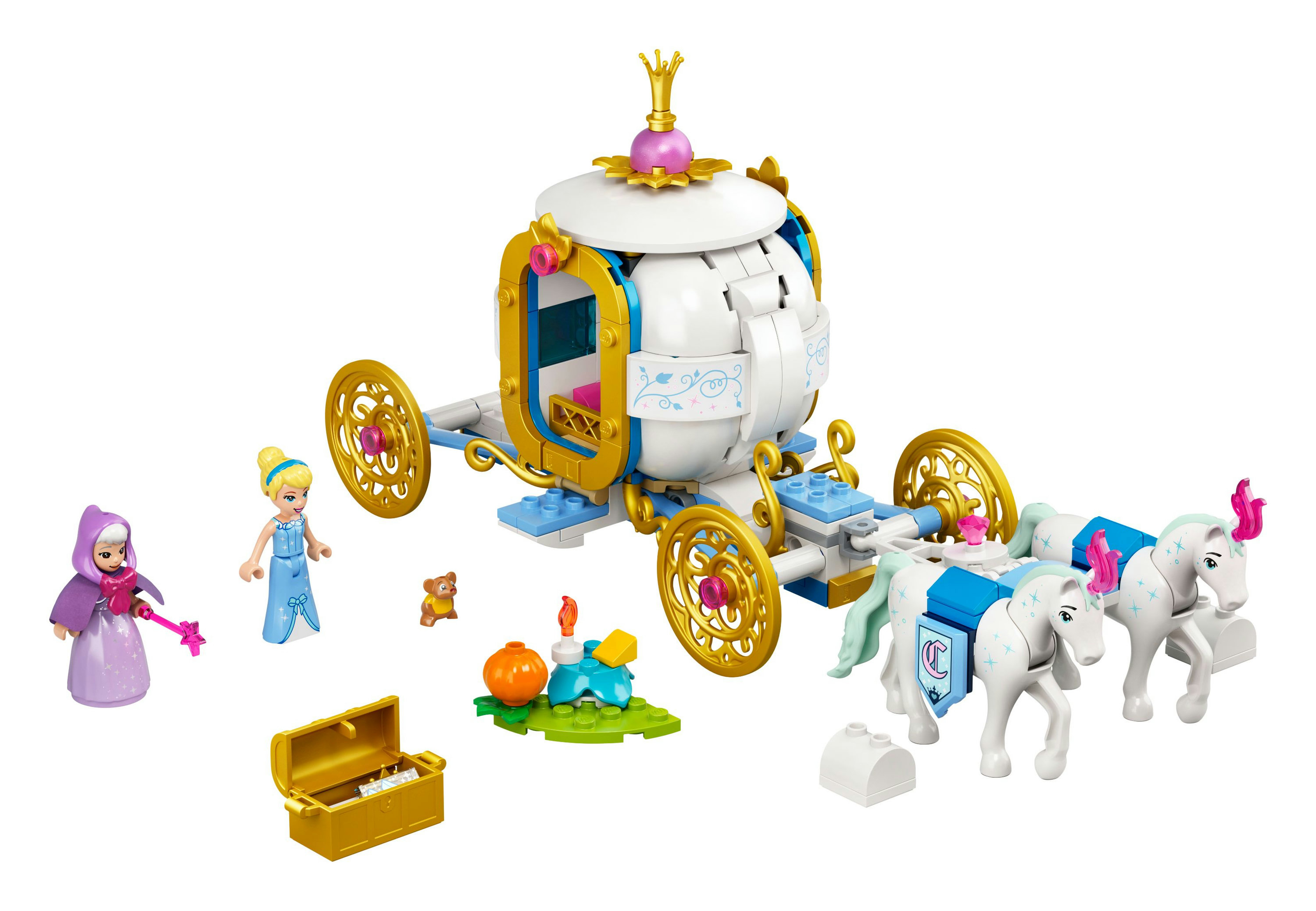 Lego Sindirella'nın arabası seti. Araba, Sindirella, peri vaftiz annesi, atlar ve aksesuarlar içerir.