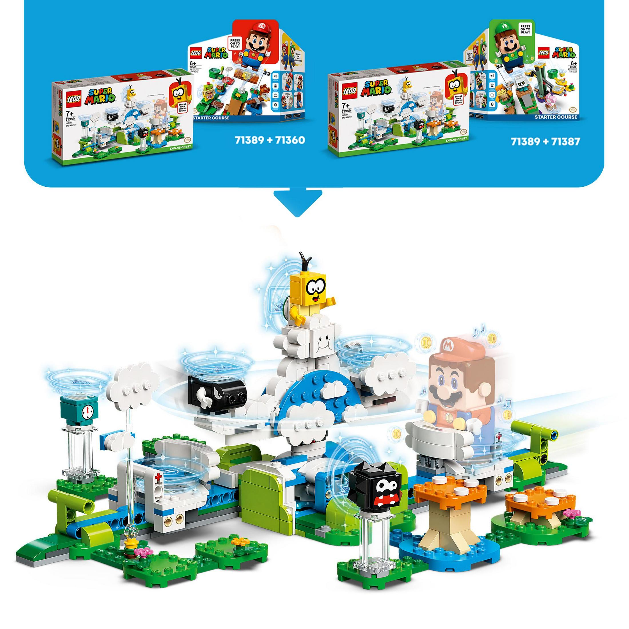 Ein Lego Super Mario Set zeigt einen Kurs mit Mario-Figuren, Hindernissen und einem modularen Design.