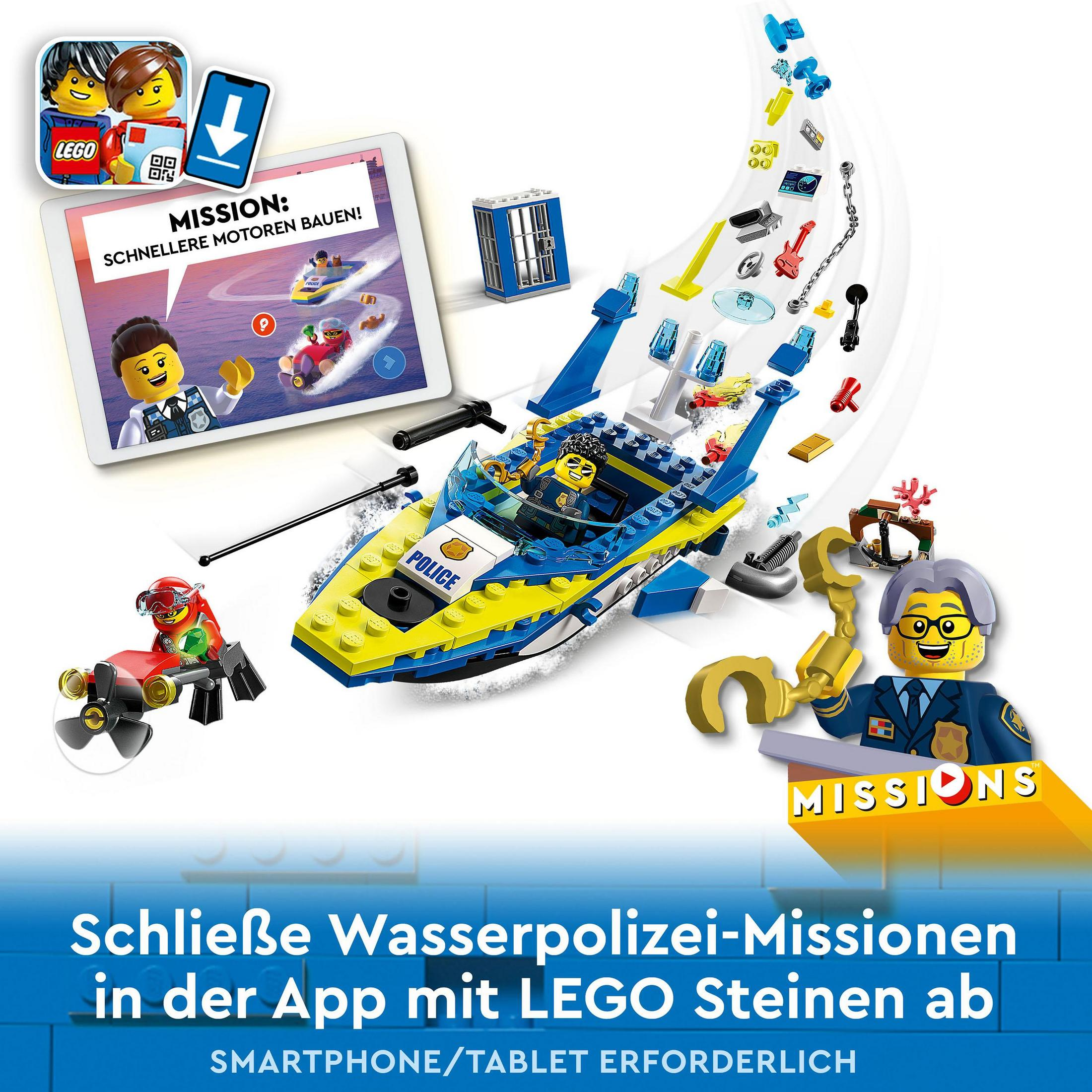 Un ensemble Lego City avec un bateau, une moto et des figurines, promouvant des missions basées sur une application.