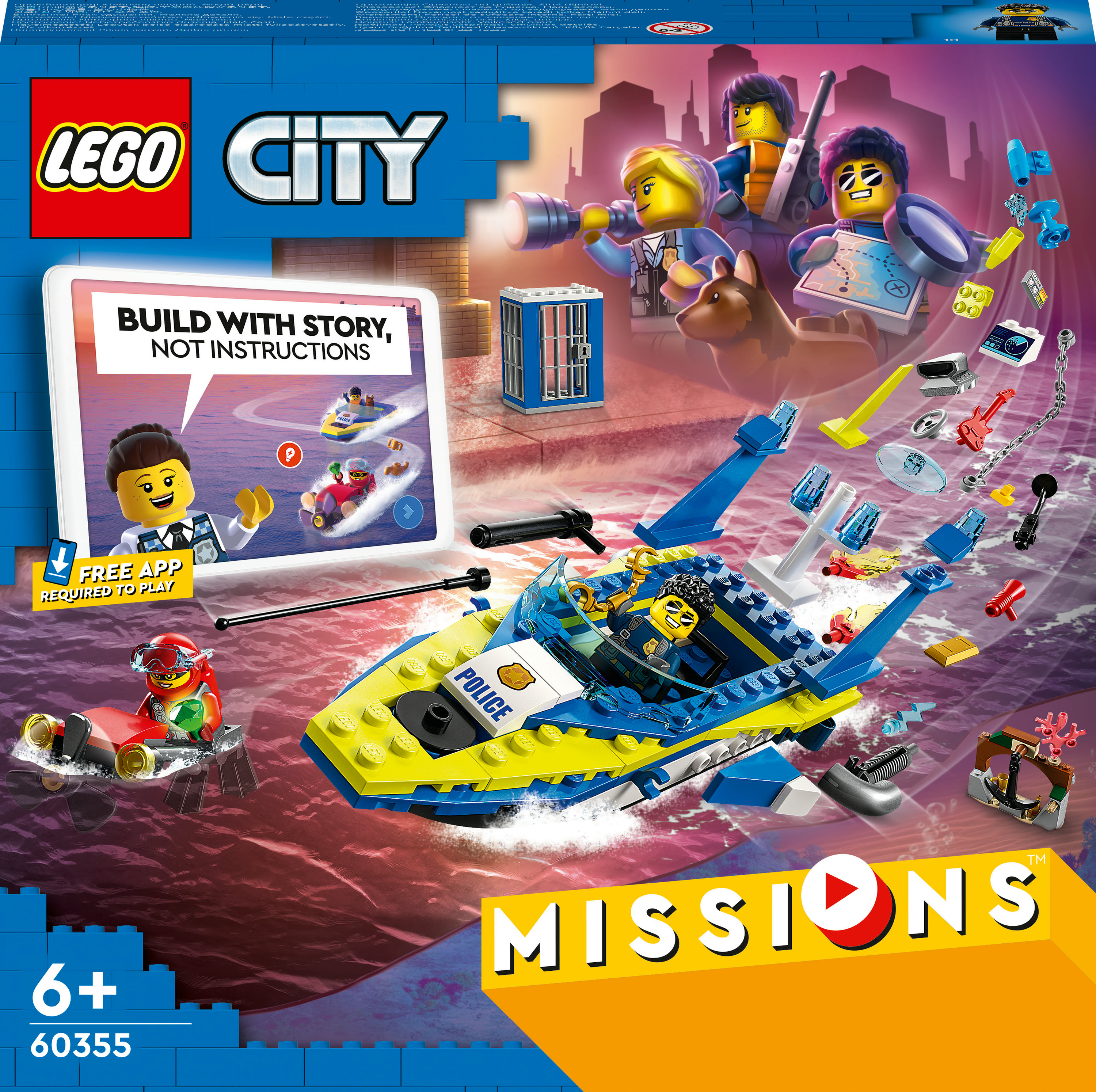 Ensemble Lego City Missions. Comprend un bateau de police, des figurines, une tablette et des accessoires.