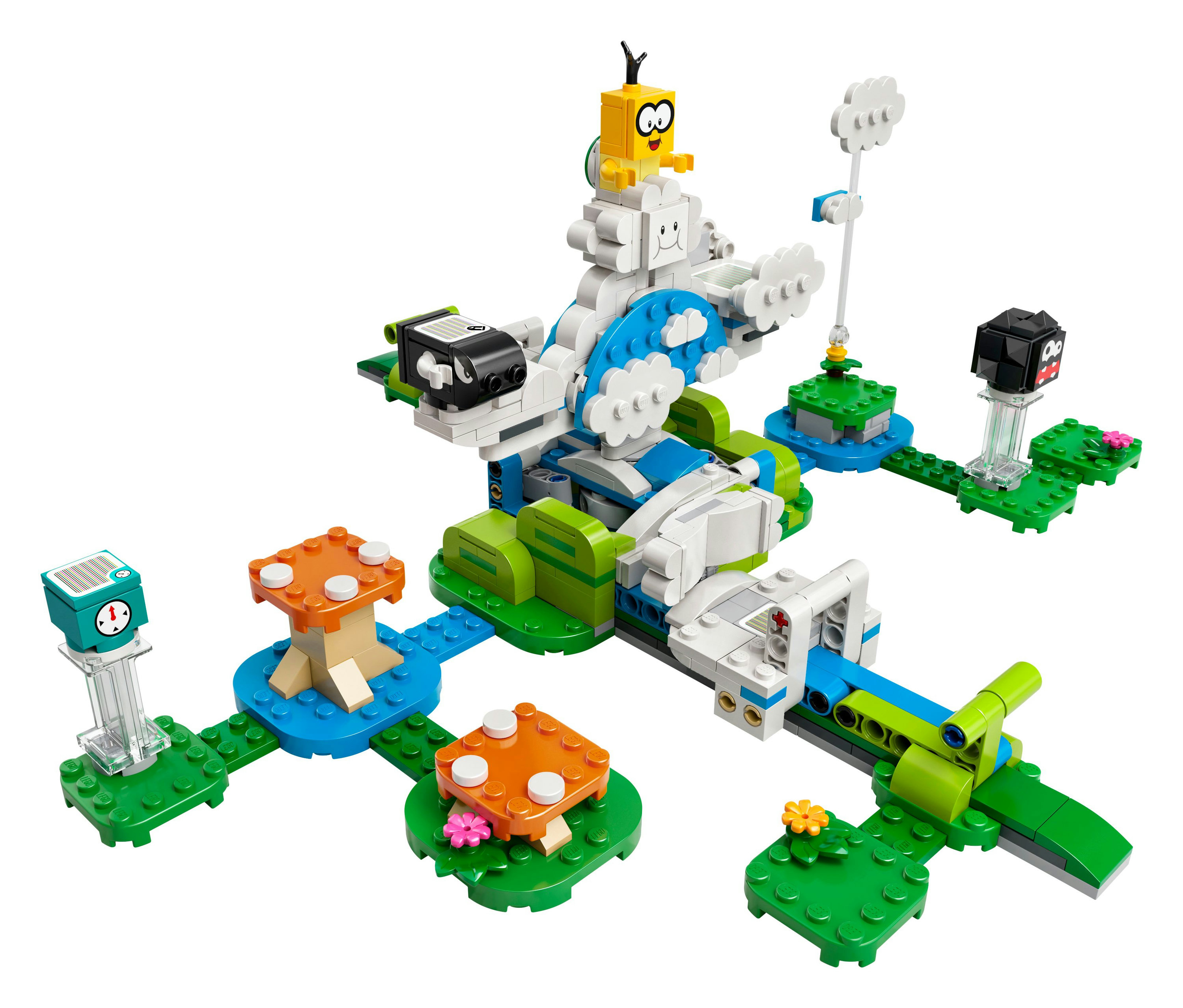 Lego-Set mit wolkenartiger Struktur, Pilzen und verschiedenen interaktiven Elementen.