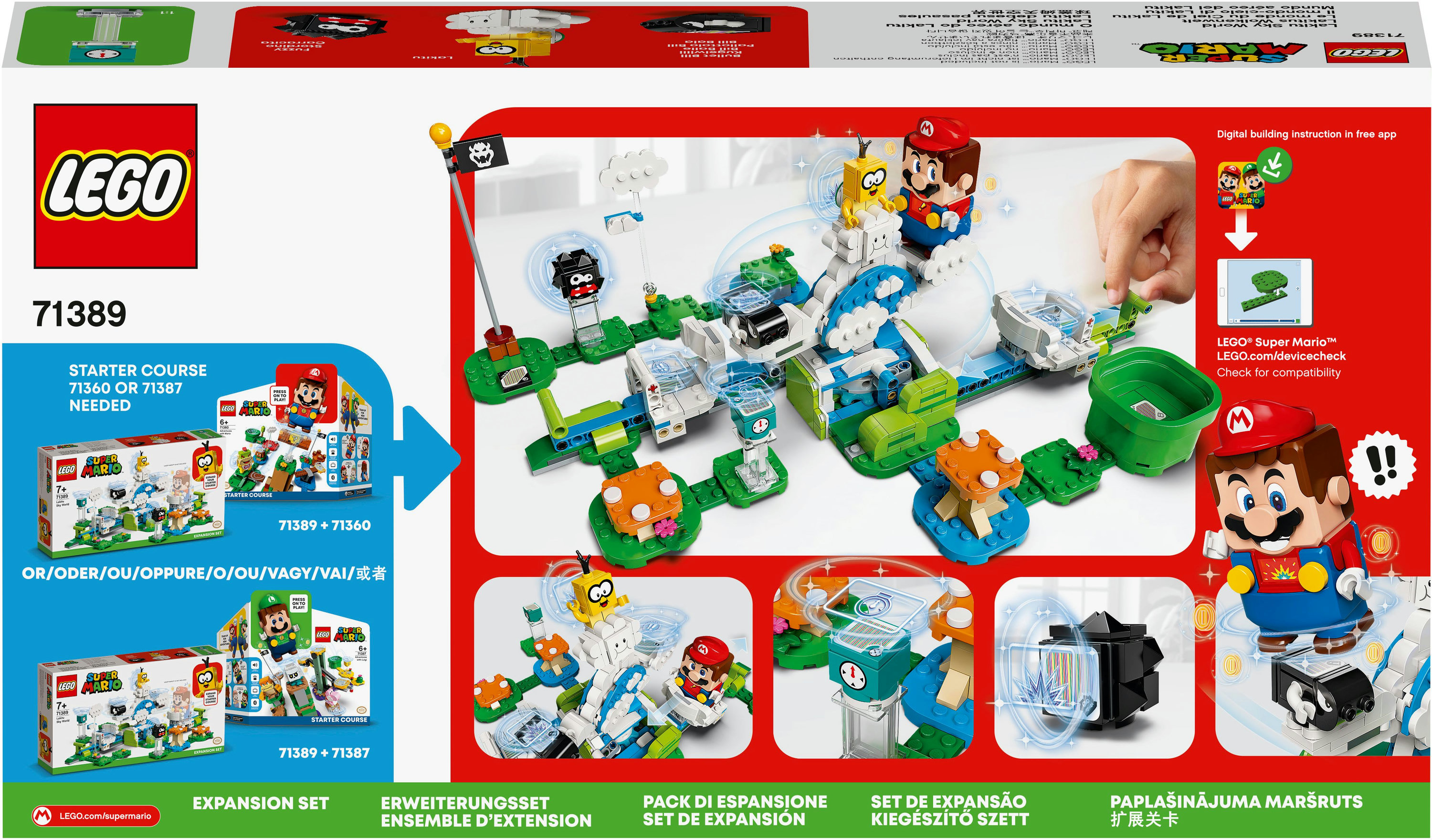 Eine Lego Super Mario Set-Box, die ein Streckenlayout mit Figuren und Spielelementen zeigt.