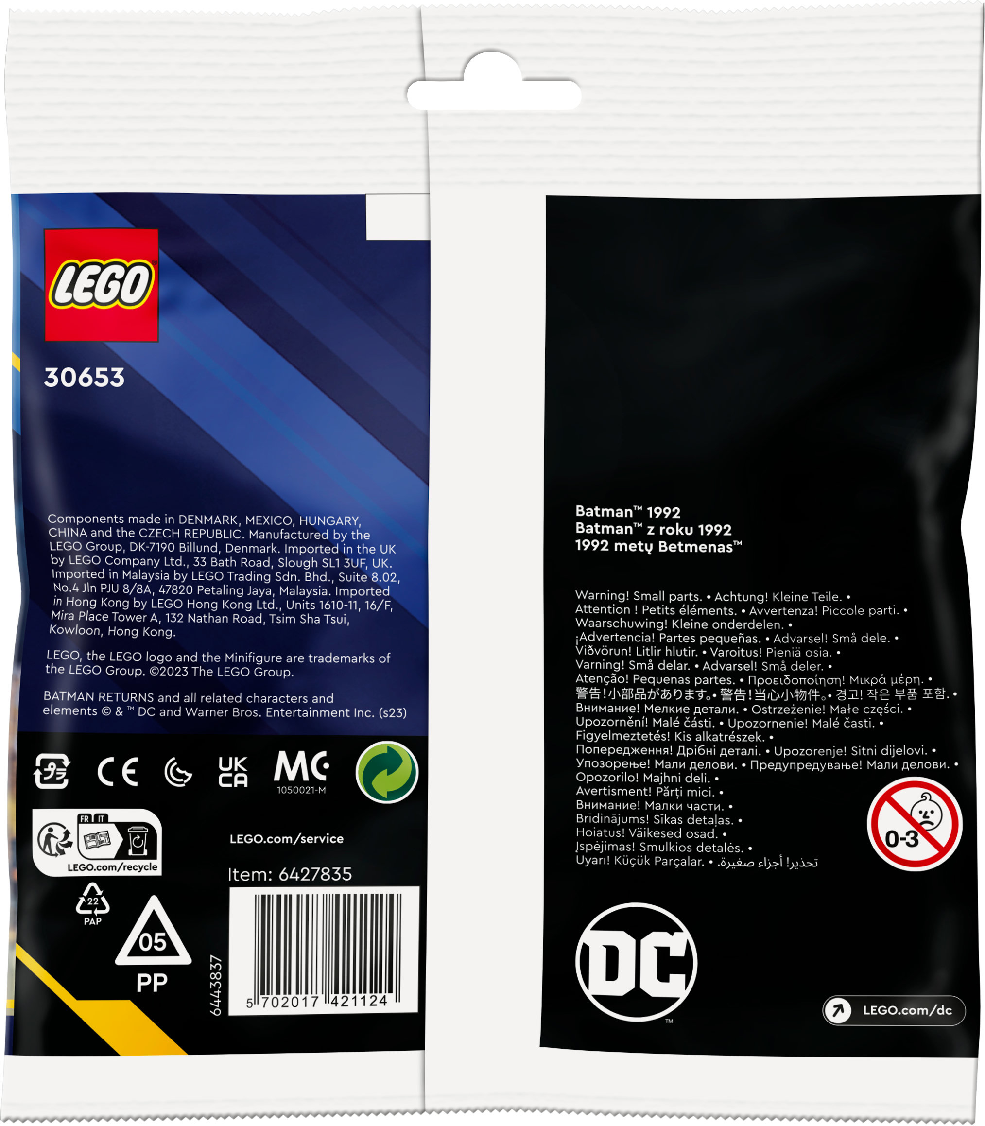 Lego Batman-Set-Verpackung. Text in mehreren Sprachen. Warnsymbole und ein DC-Logo.
