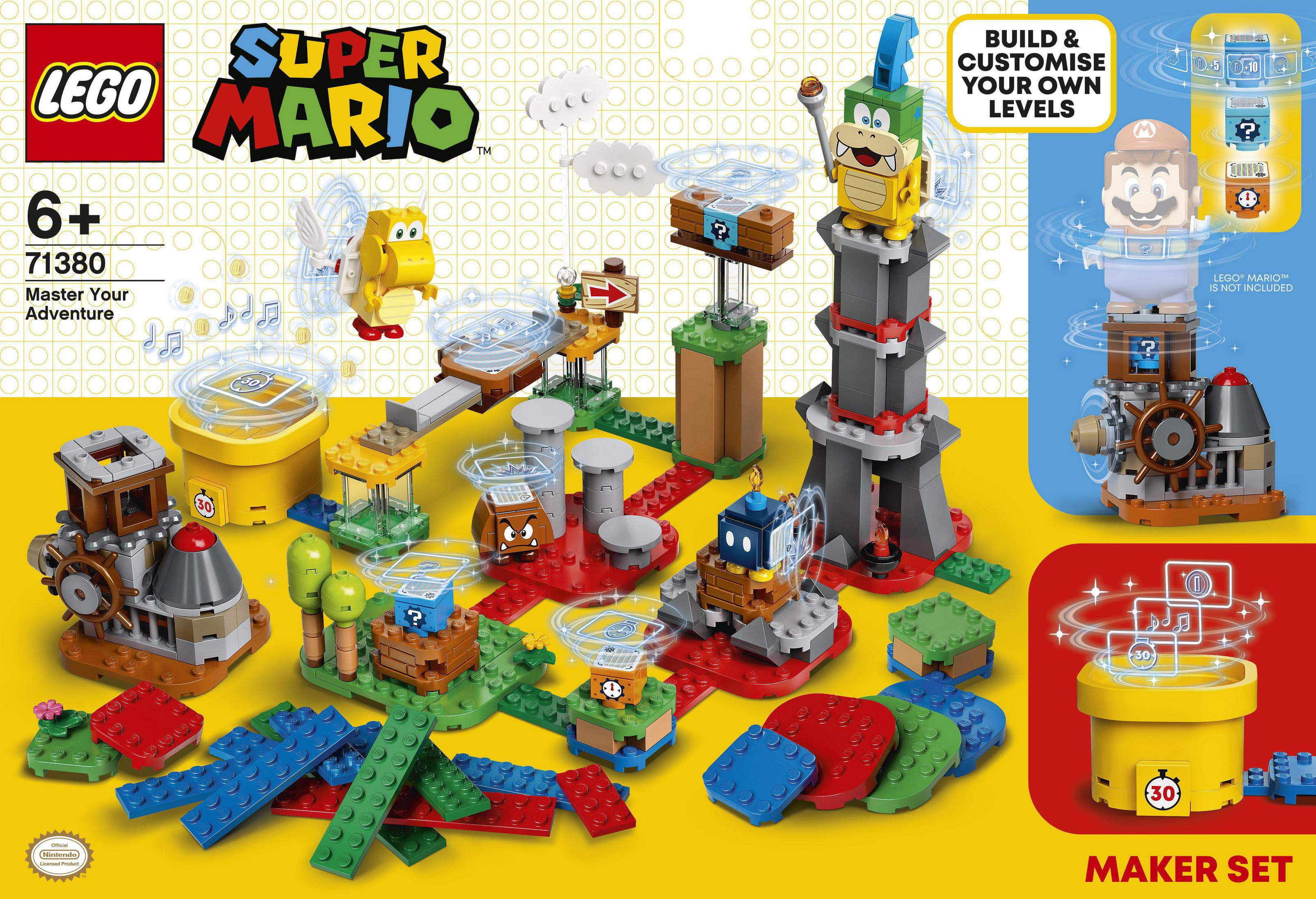 Un set de Lego Super Mario. Presenta un nivel construible con varios personajes y elementos interactivos.