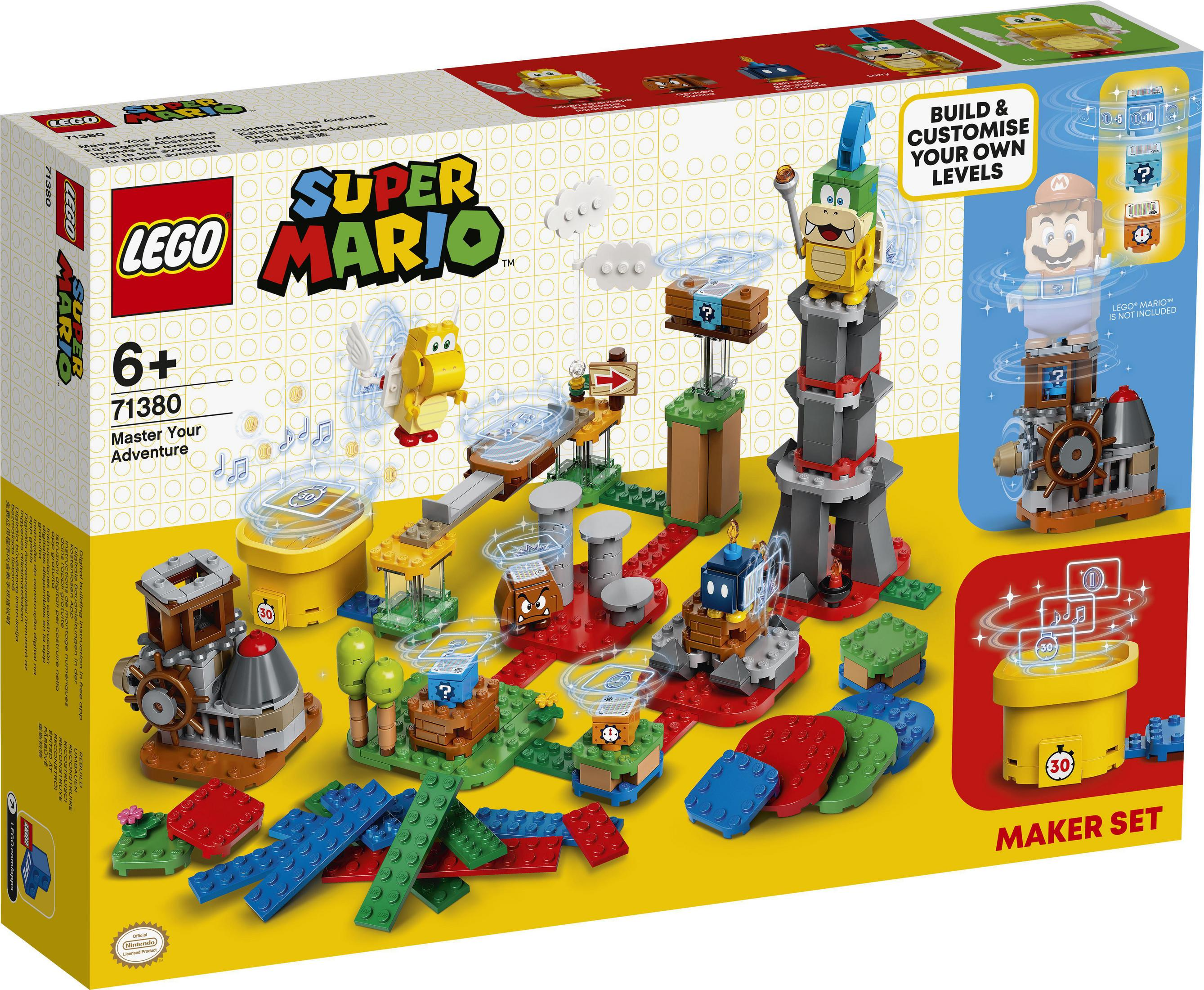 Una caja del set LEGO Super Mario con figuras y una escena colorida sobre fondo blanco.