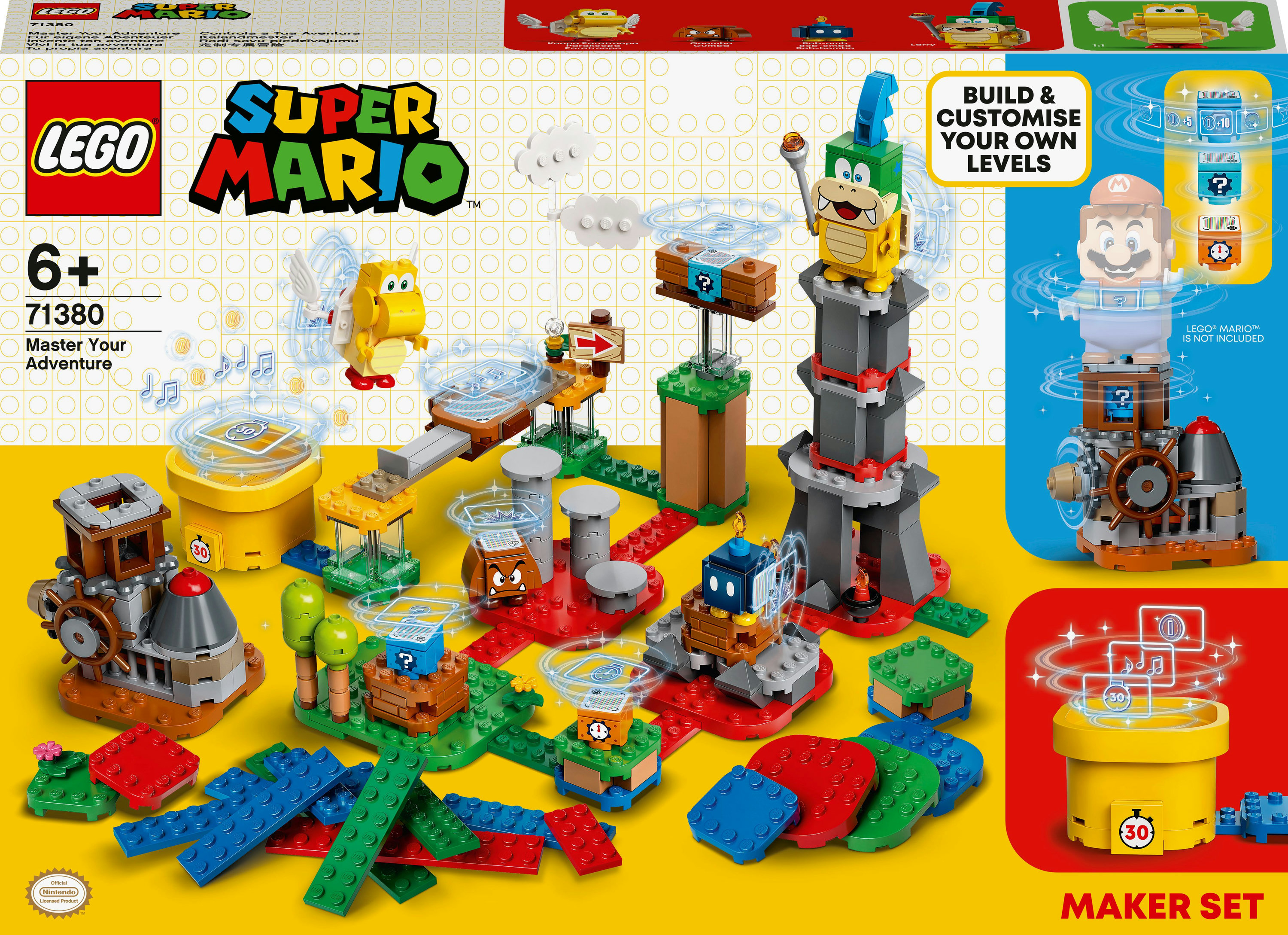 Set Lego Super Mario con varias construcciones, incluyendo una torre y un bloque de interrogación.