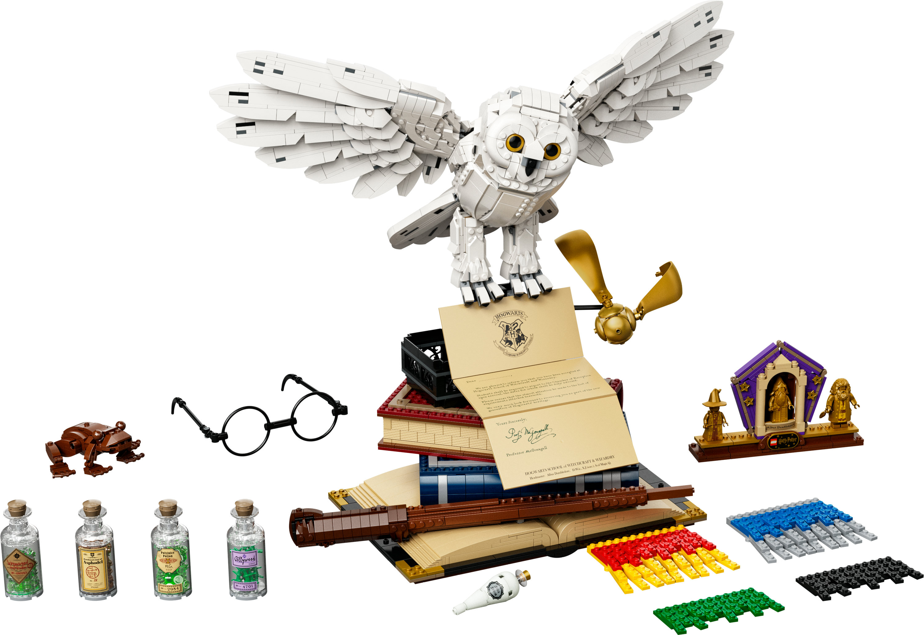 Zestaw Lego Harry Potter z Hedwigą, książkami, eliksirami i figurkami.