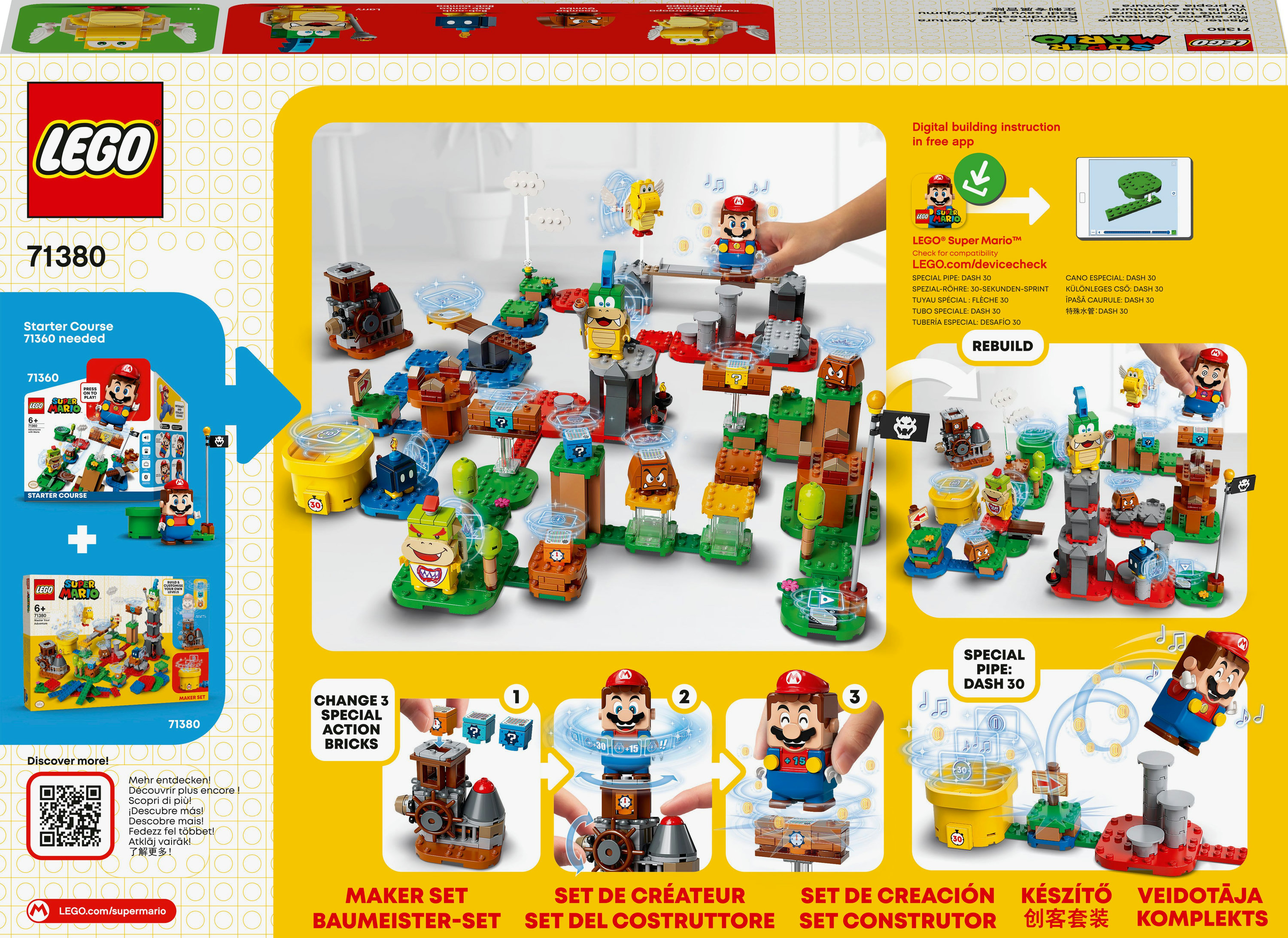 Parte trasera de la caja del set Lego Mario. Se muestran figuras y accesorios.