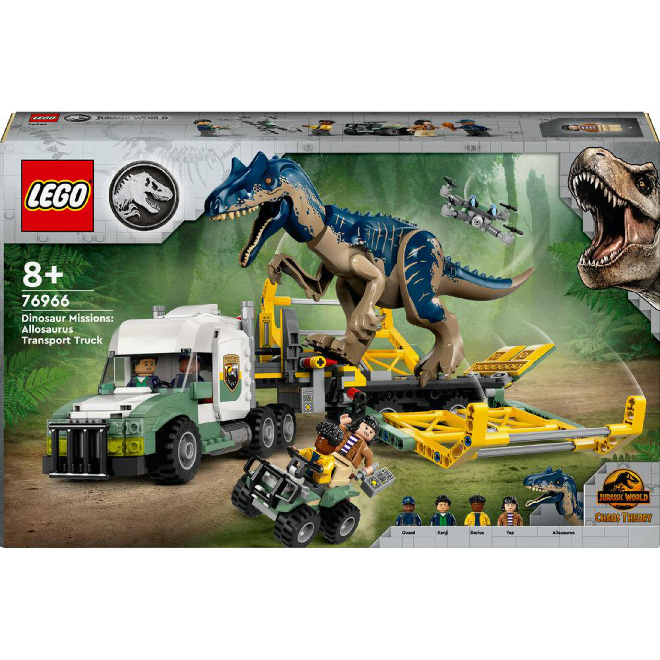 Zestaw Lego Jurassic World. Biała i zielona ciężarówka przewozi dinozaura. Figurki znajdują się z przodu.