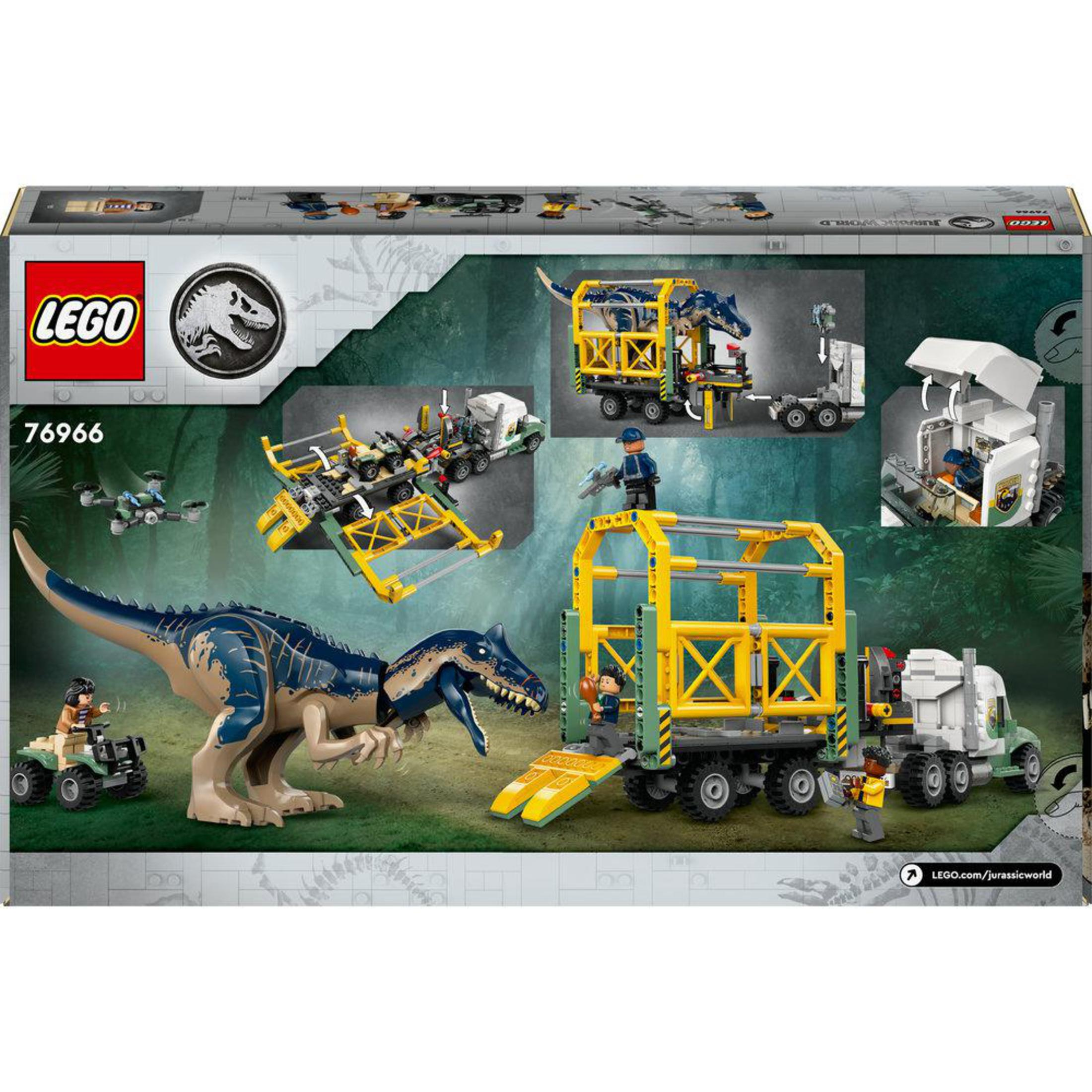 Pudełko zestawu Lego Jurassic World. Pudełko przedstawia T-Rexa i inne dinozaury, pojazdy i minifigurki.