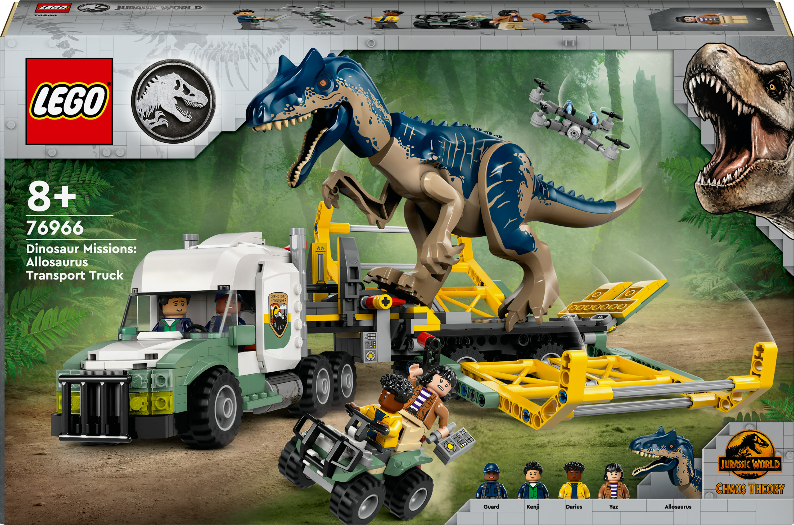 Pudełko zestawu Lego przedstawia dinozaura na ciężarówce transportowej, z figurkami i mniejszym pojazdem. Motyw Jurassic World.