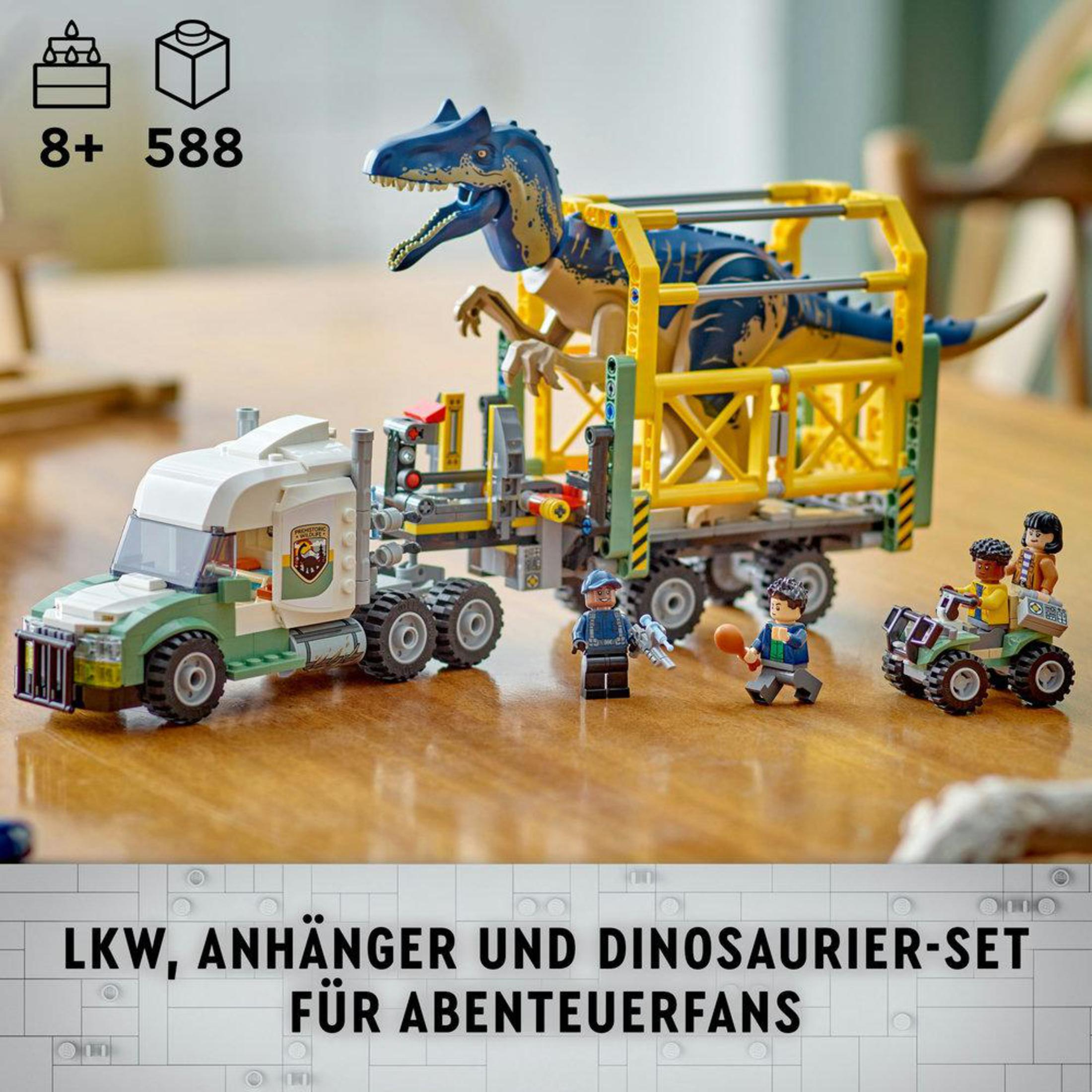 Zestaw Lego z ciężarówką, klatką dla dinozaurów, figurkami i niebieskim dinozaurem w klatce.